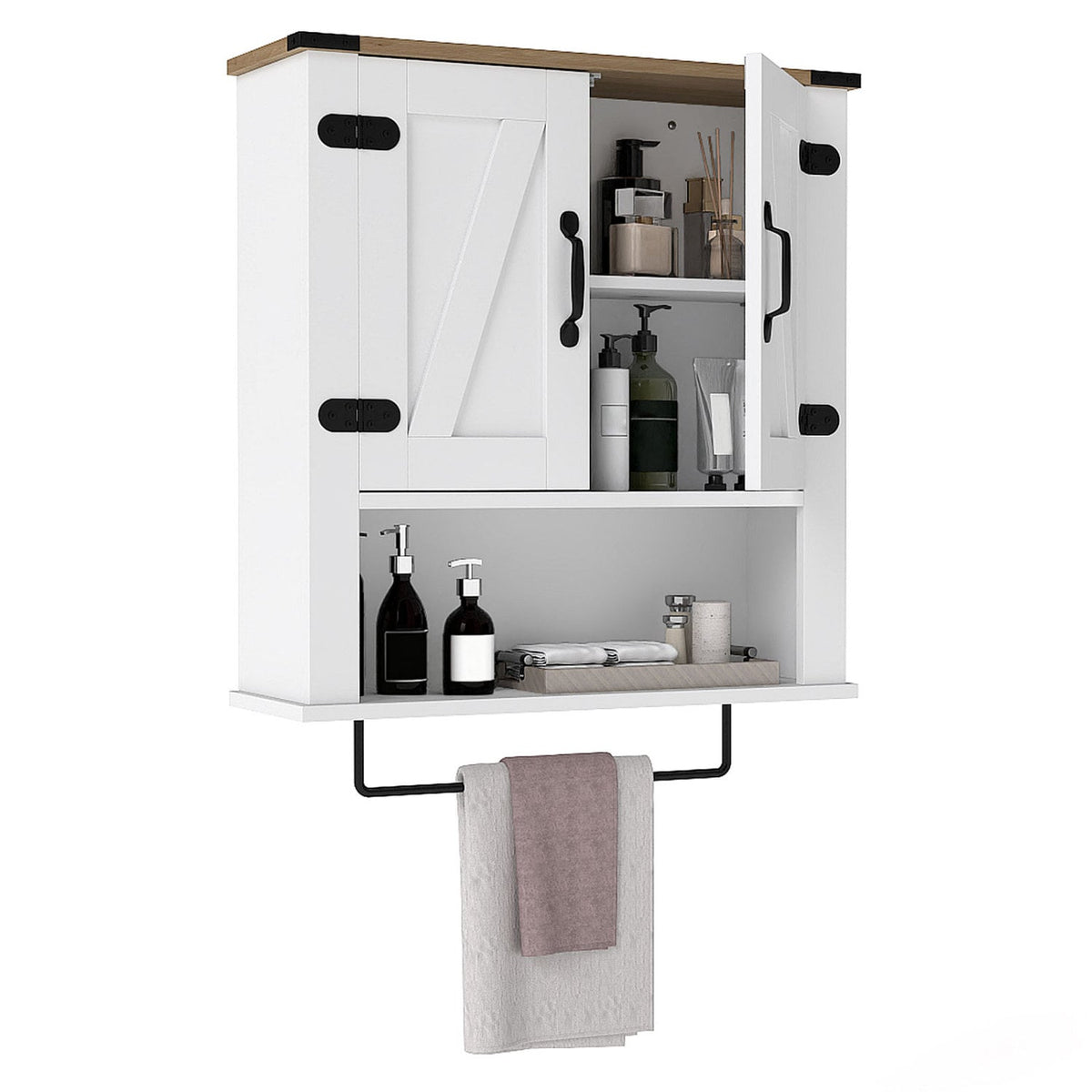White Farmhouse Bathroom Wall Cabinet with Towel Bar - 24"-Wall Cabinets-DECOROLALA