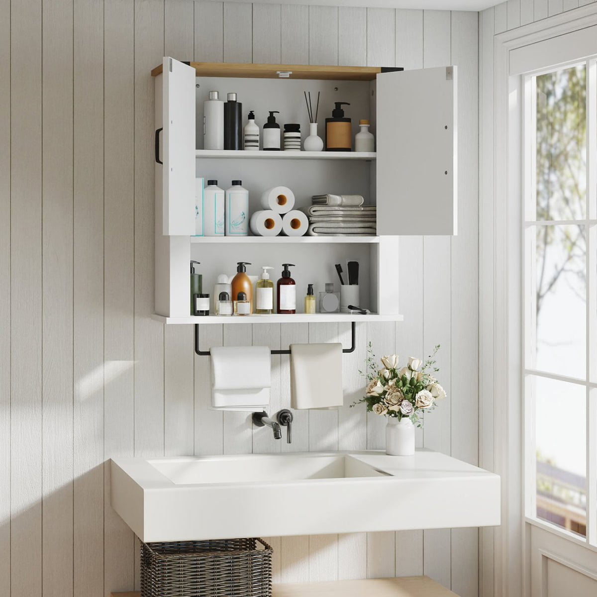 White Farmhouse Bathroom Wall Cabinet with Towel Bar - 24"-Wall Cabinets-DECOROLALA