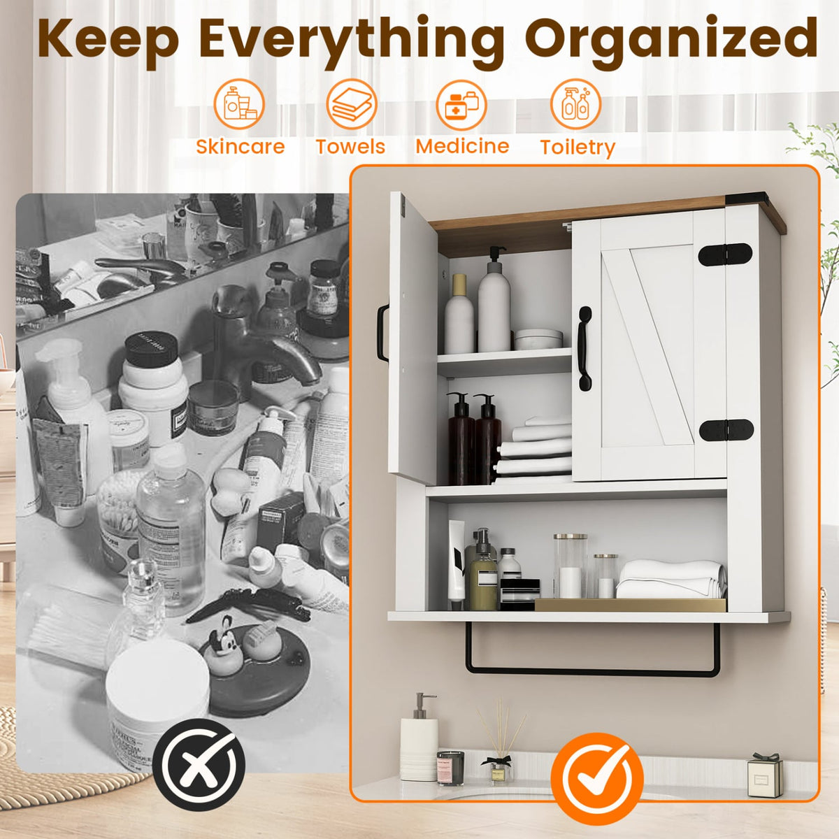 White Farmhouse Bathroom Wall Cabinet with Towel Bar - 24"-Wall Cabinets-DECOROLALA