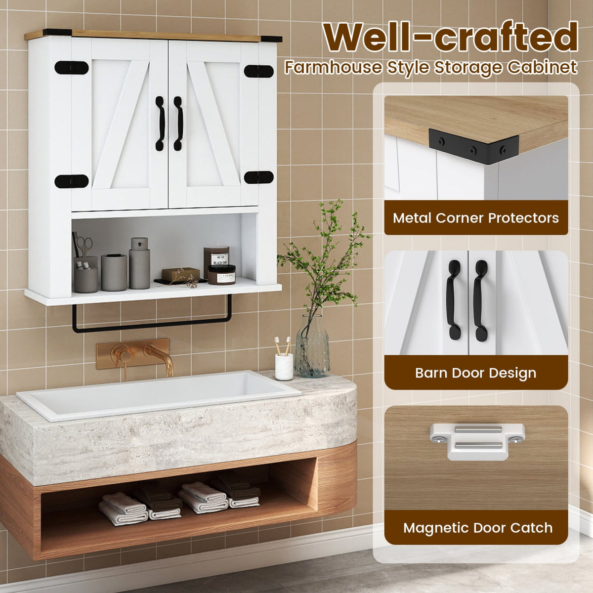 White Farmhouse Bathroom Wall Cabinet with Towel Bar - 24"-Wall Cabinets-DECOROLALA