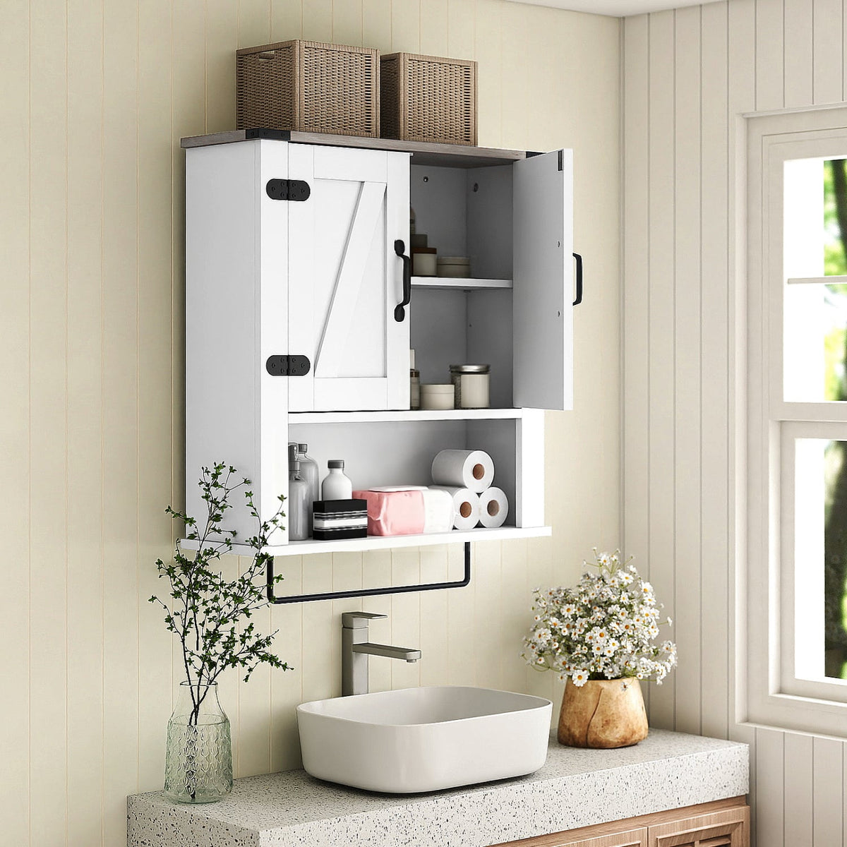 White Farmhouse Bathroom Wall Cabinet with Towel Bar - 24"-Wall Cabinets-DECOROLALA