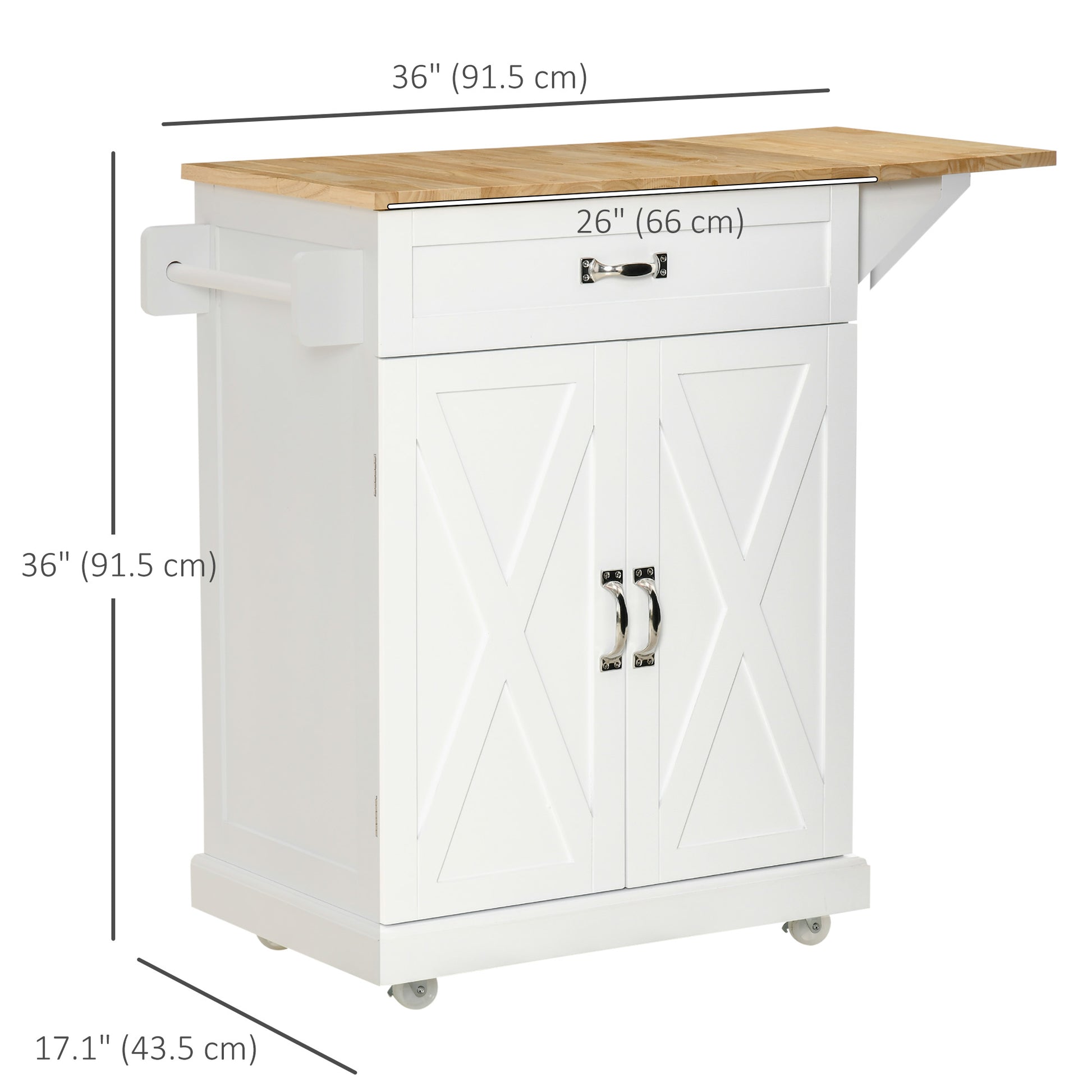 White Farmhouse Kitchen Island with Drop-Leaf Wood Top-DECOROLALA
