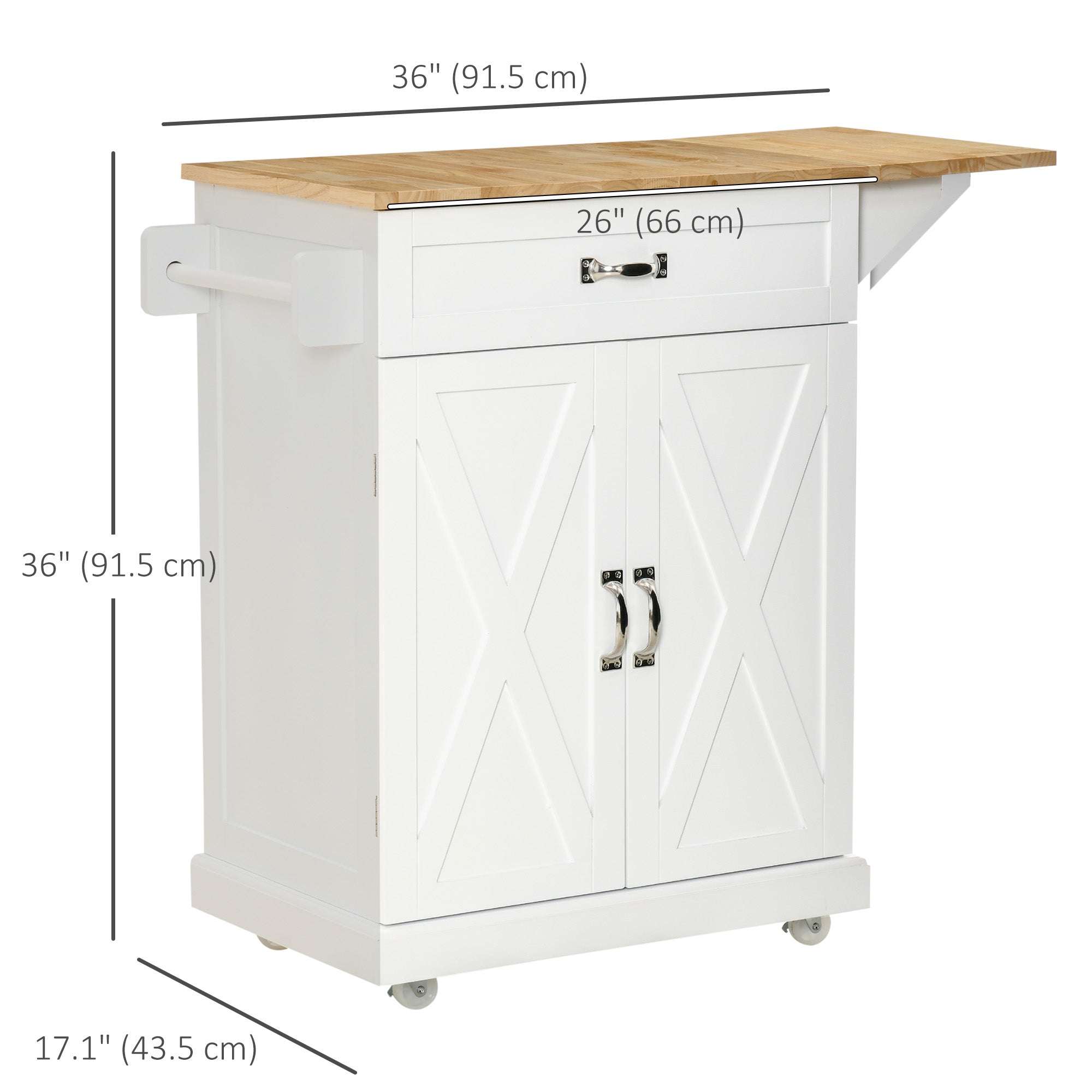 White Farmhouse Kitchen Island with Drop-Leaf Wood Top-DECOROLALA