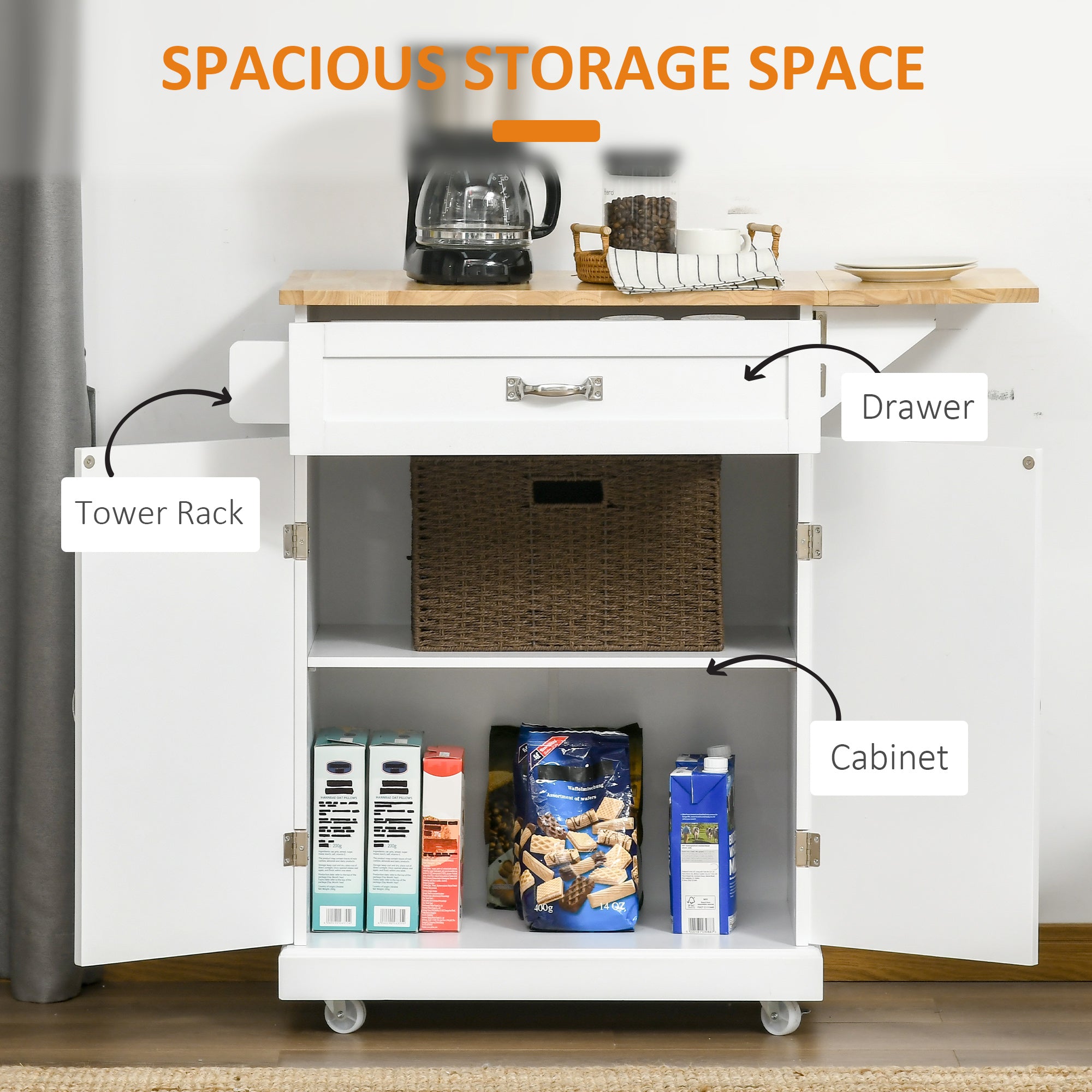 White Farmhouse Kitchen Island with Drop-Leaf Wood Top-DECOROLALA