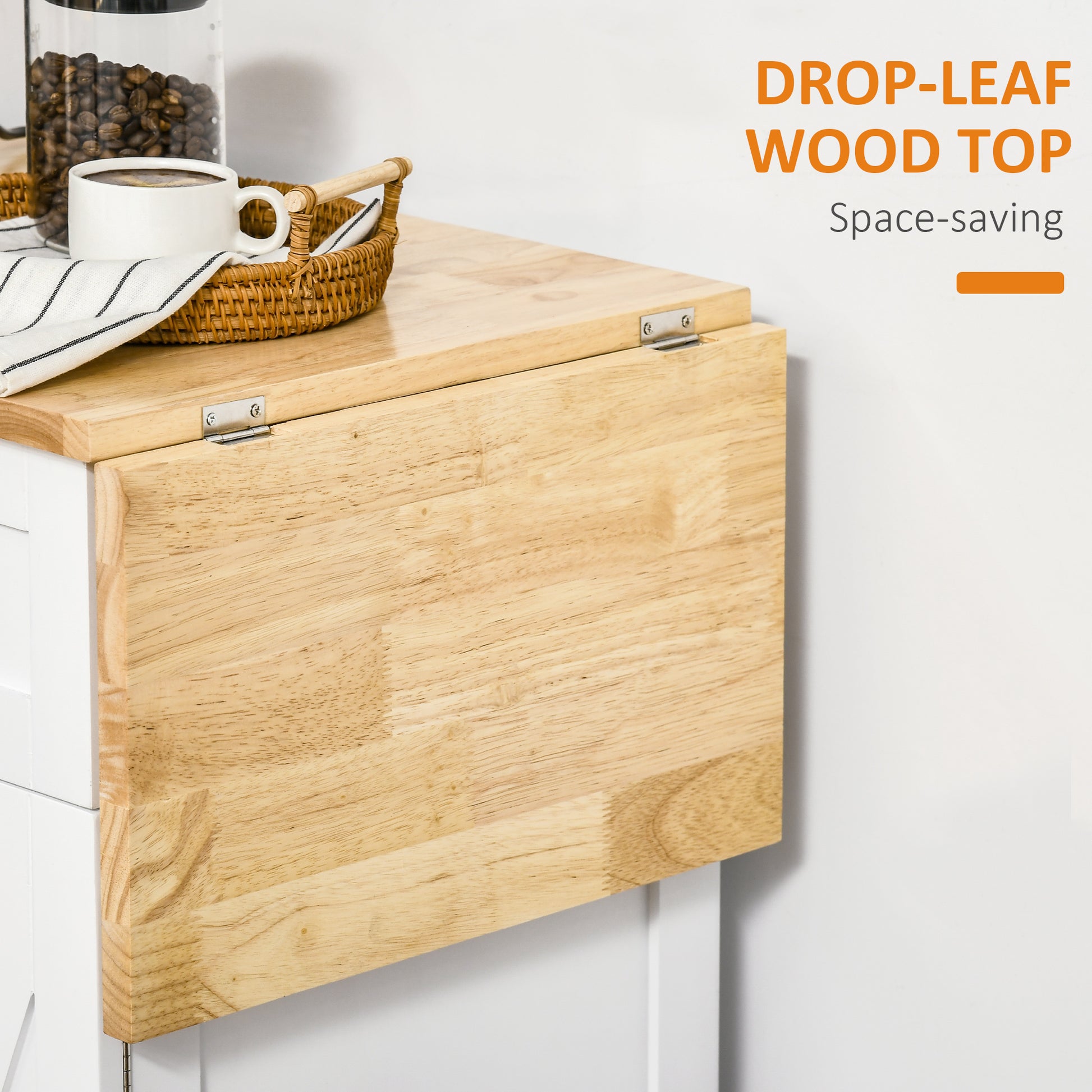 White Farmhouse Kitchen Island with Drop-Leaf Wood Top-DECOROLALA