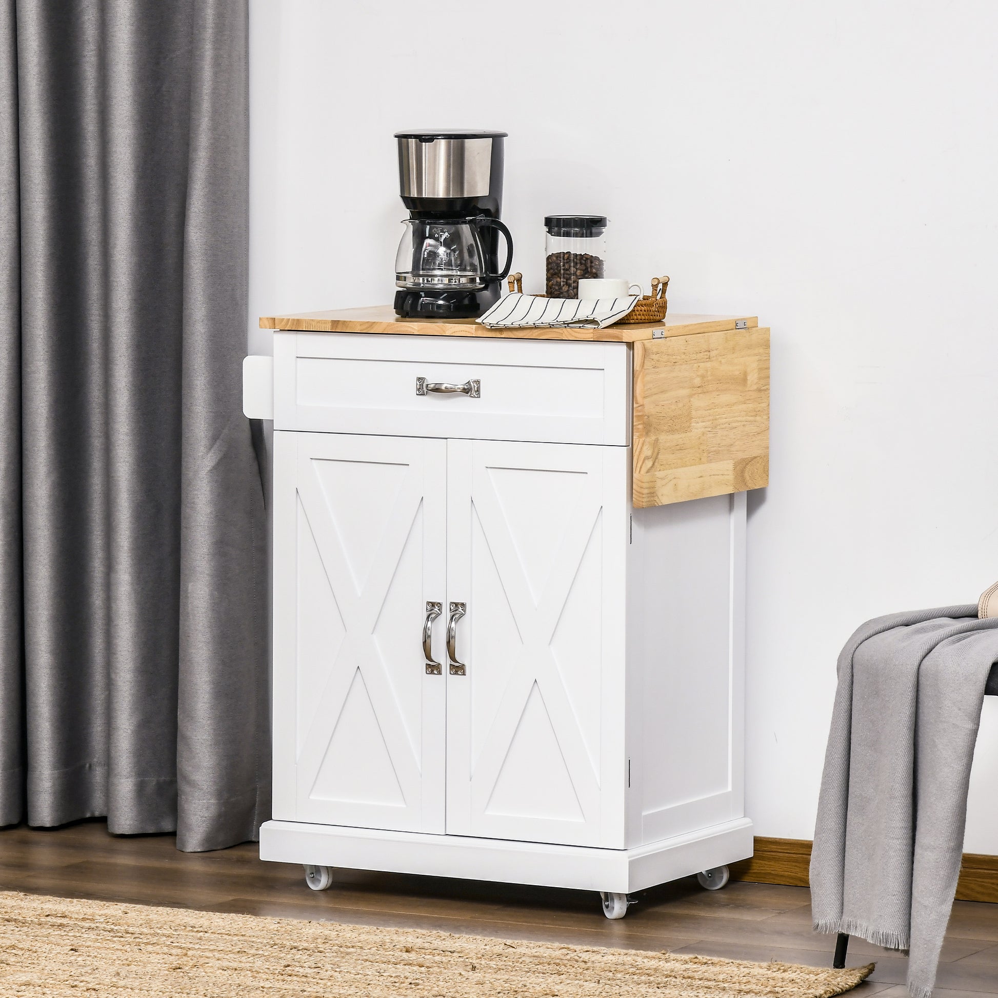 White Farmhouse Kitchen Island with Drop-Leaf Wood Top-DECOROLALA
