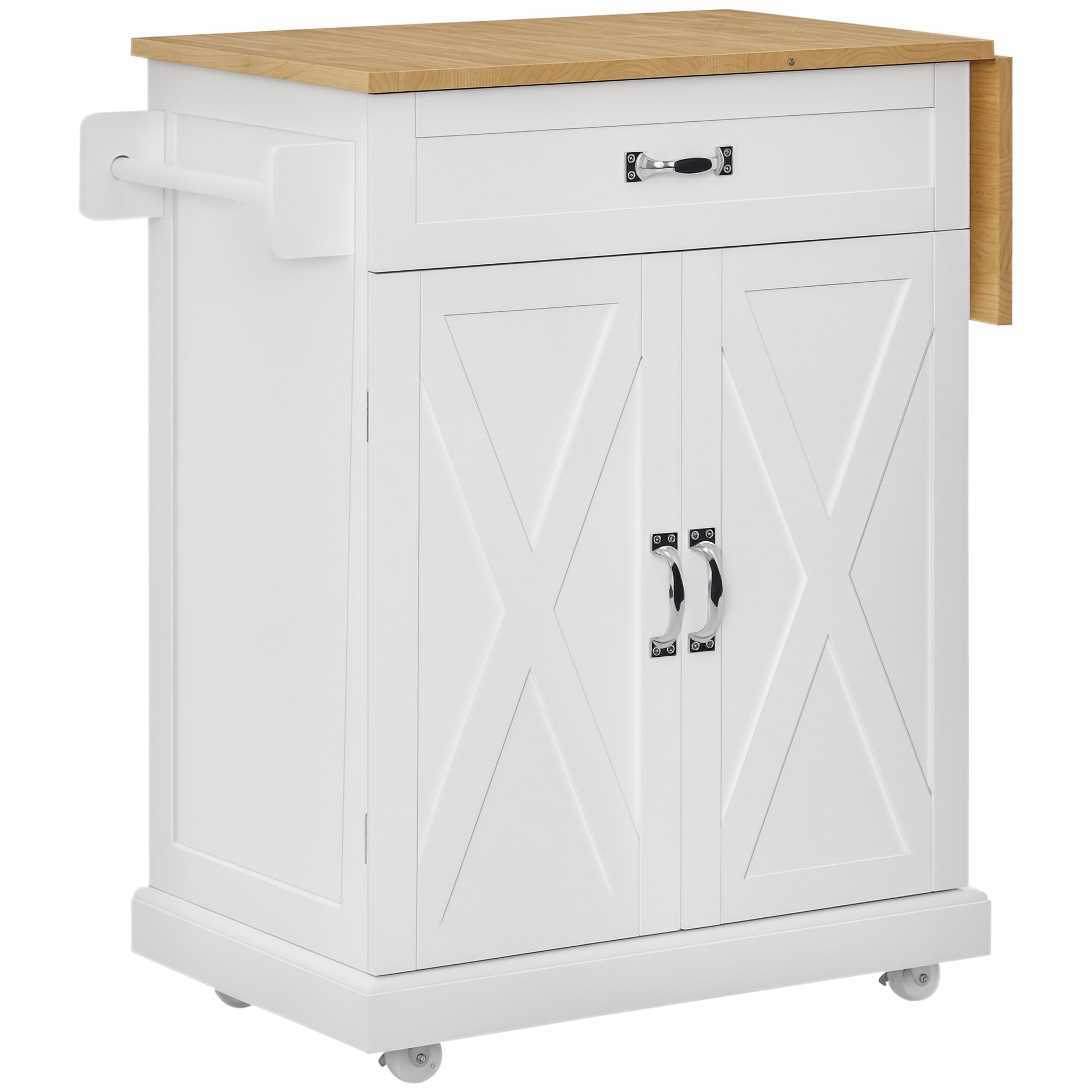 White Farmhouse Kitchen Island with Drop-Leaf Wood Top-DECOROLALA