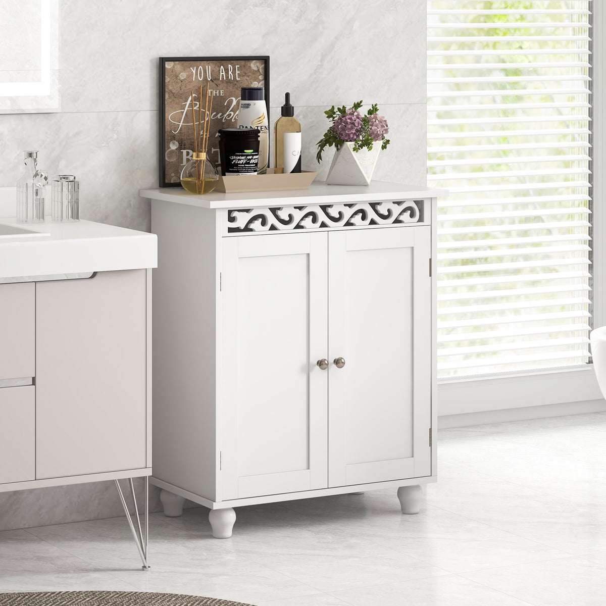 White Freestanding Bathroom Storage Cabinet with Wood Legs-Floor Cabinets-DECOROLALA