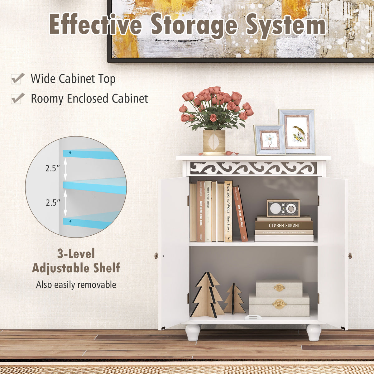 White Freestanding Bathroom Storage Cabinet with Wood Legs-Floor Cabinets-DECOROLALA