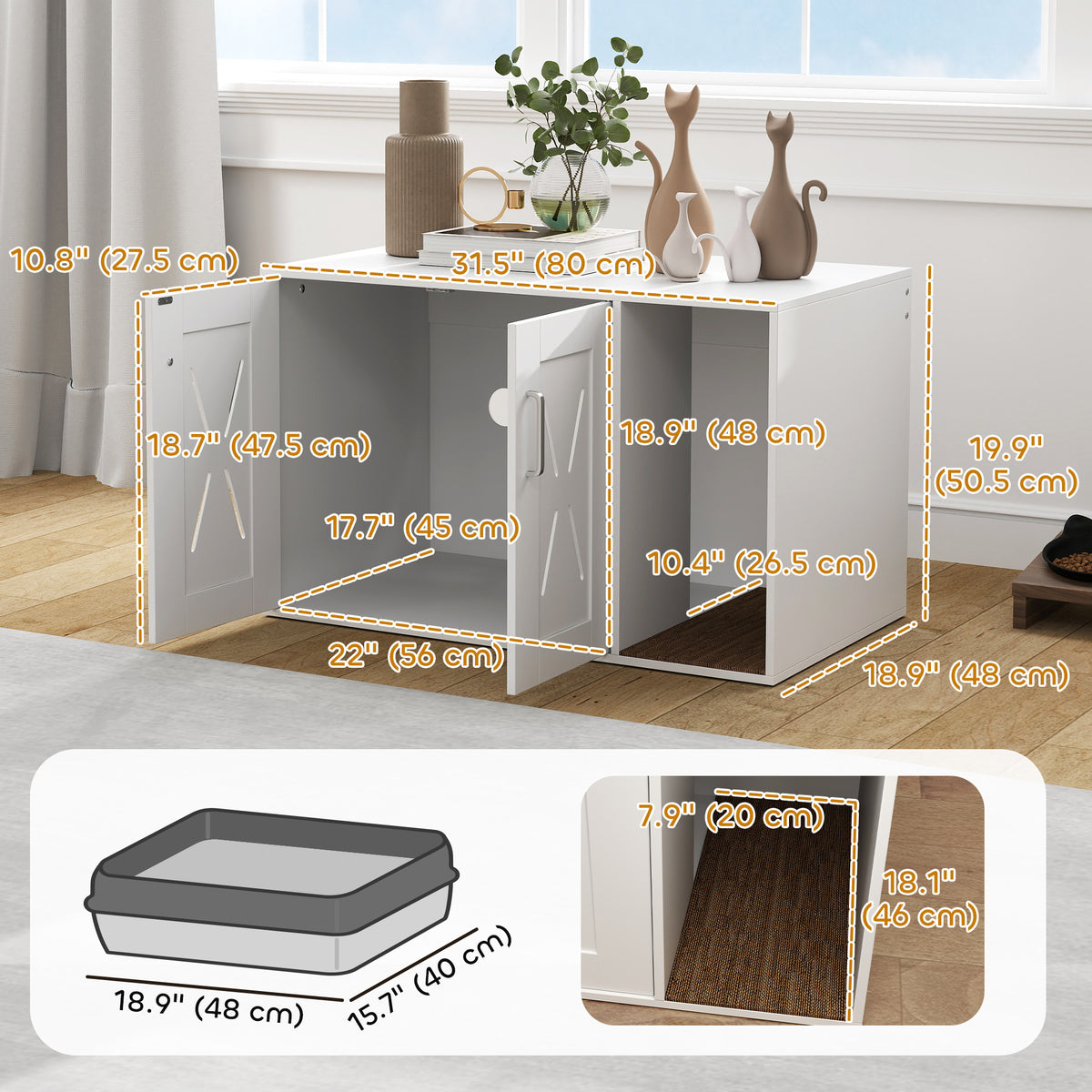 White Hidden Cat Litter Box Enclosure Furniture - 31.5" x 19" x 20"-Cats-DECOROLALA
