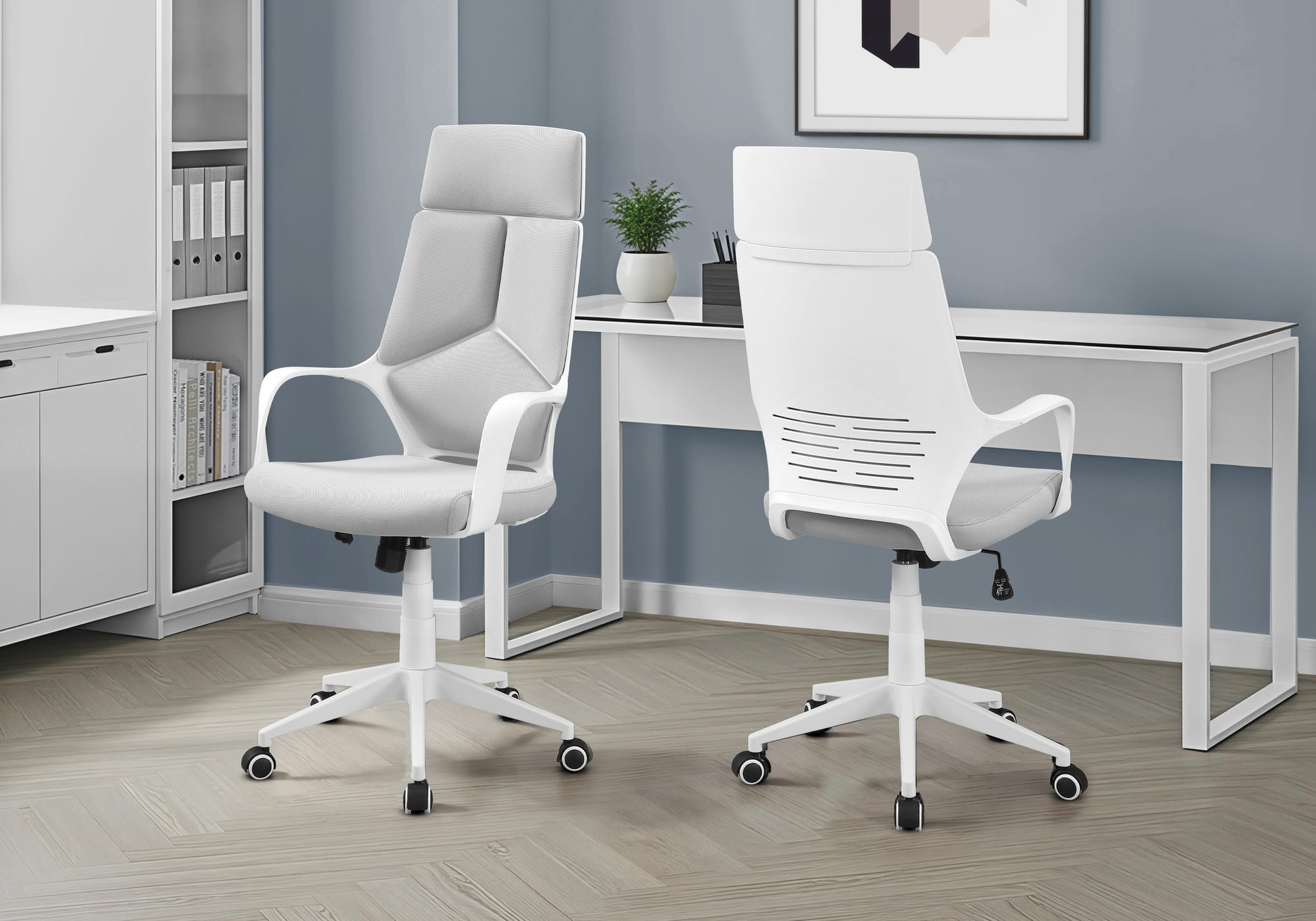 White High-Back Executive Office Chair with Grey Fabric-Computer Desk-DECOROLALA