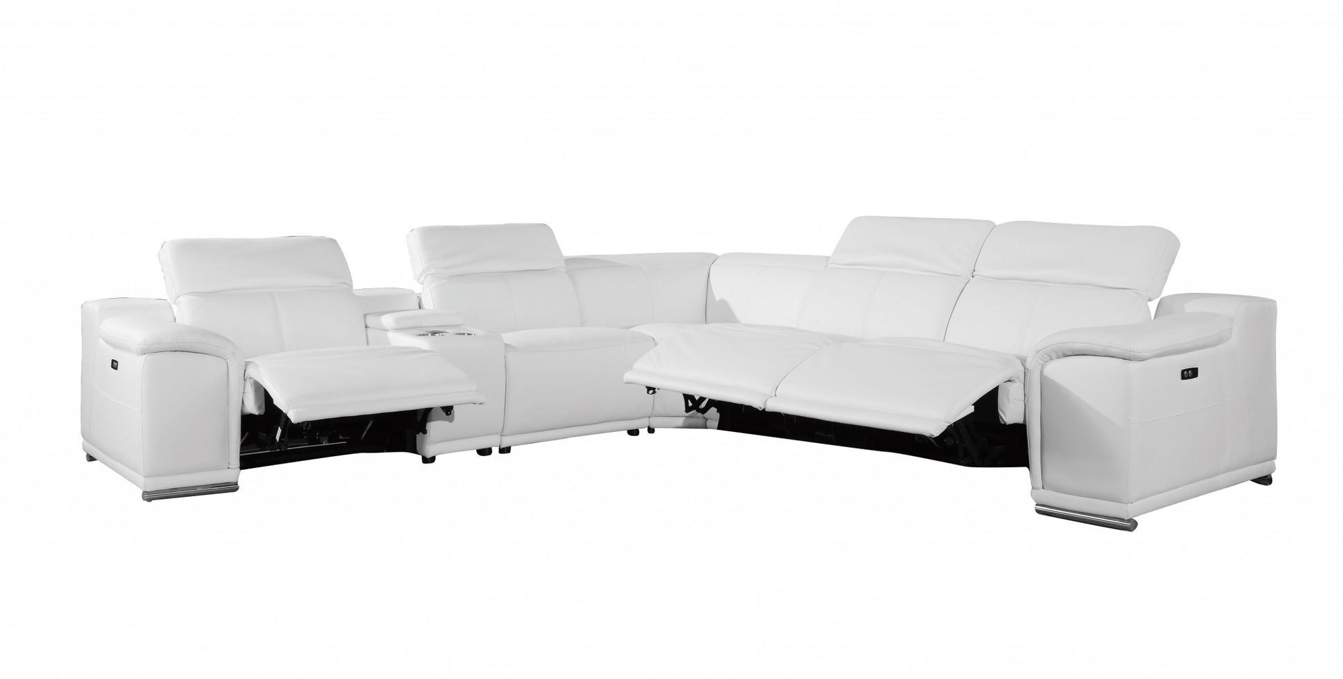 White Italian Leather Power Reclining U Shaped Six Piece Corner Sectional With Console-Sectionals-DECOROLALA