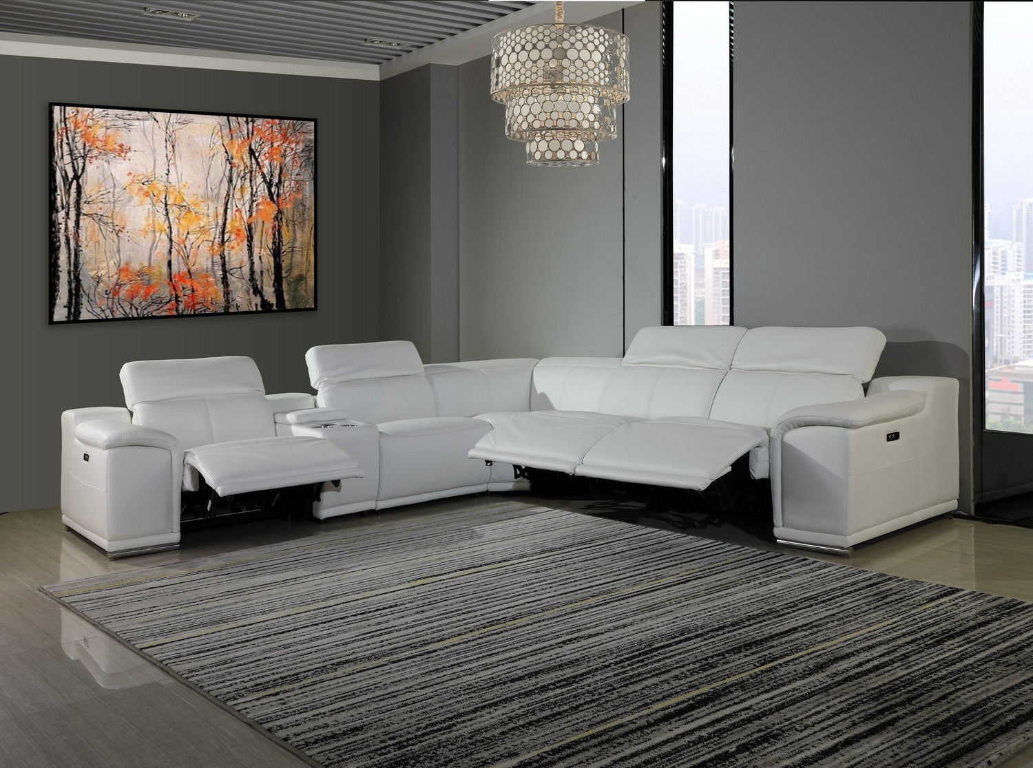 White Italian Leather Power Reclining U Shaped Six Piece Corner Sectional With Console-Sectionals-DECOROLALA