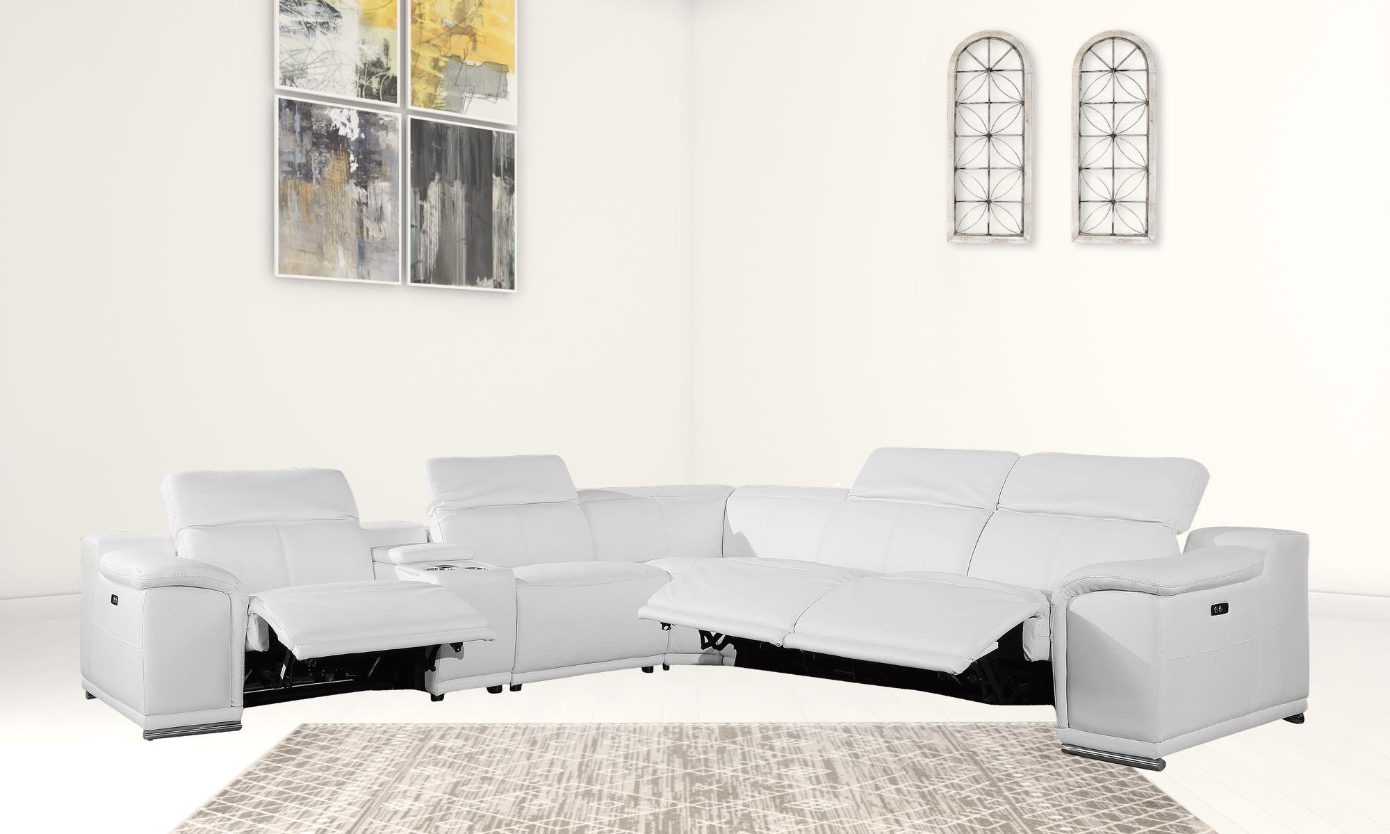 White Italian Leather Power Reclining U Shaped Six Piece Corner Sectional With Console-Sectionals-DECOROLALA