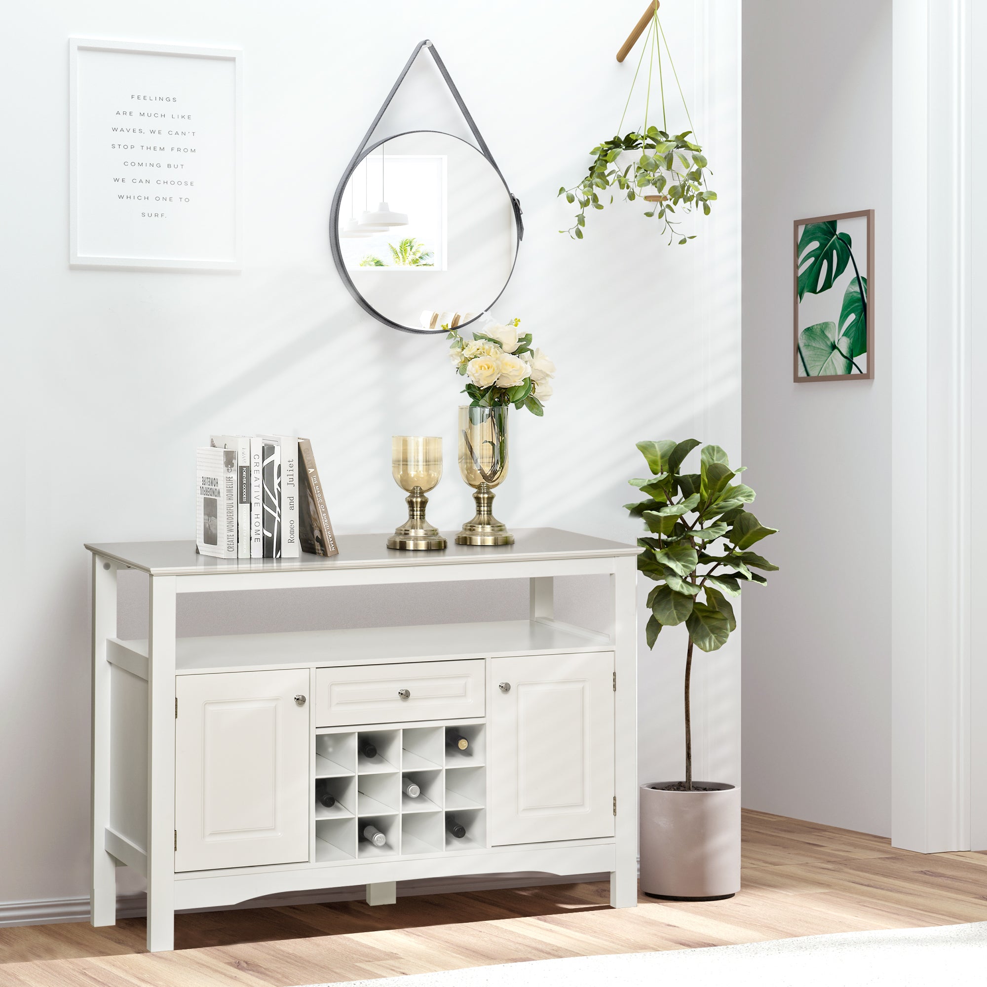 White Kitchen Buffet Cabinet 12-Bottle Wine Rack-DECOROLALA