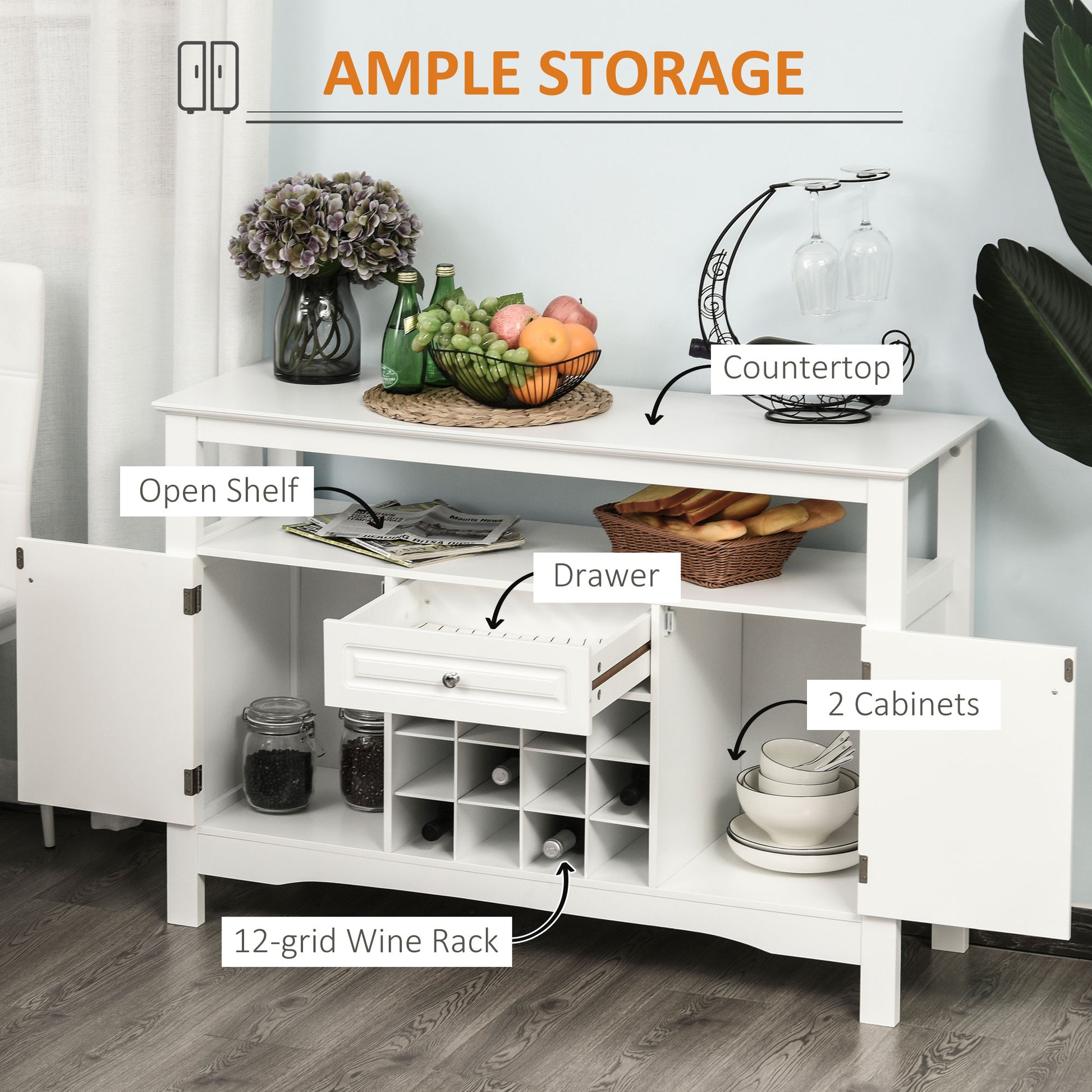 White Kitchen Buffet Cabinet 12-Bottle Wine Rack-DECOROLALA