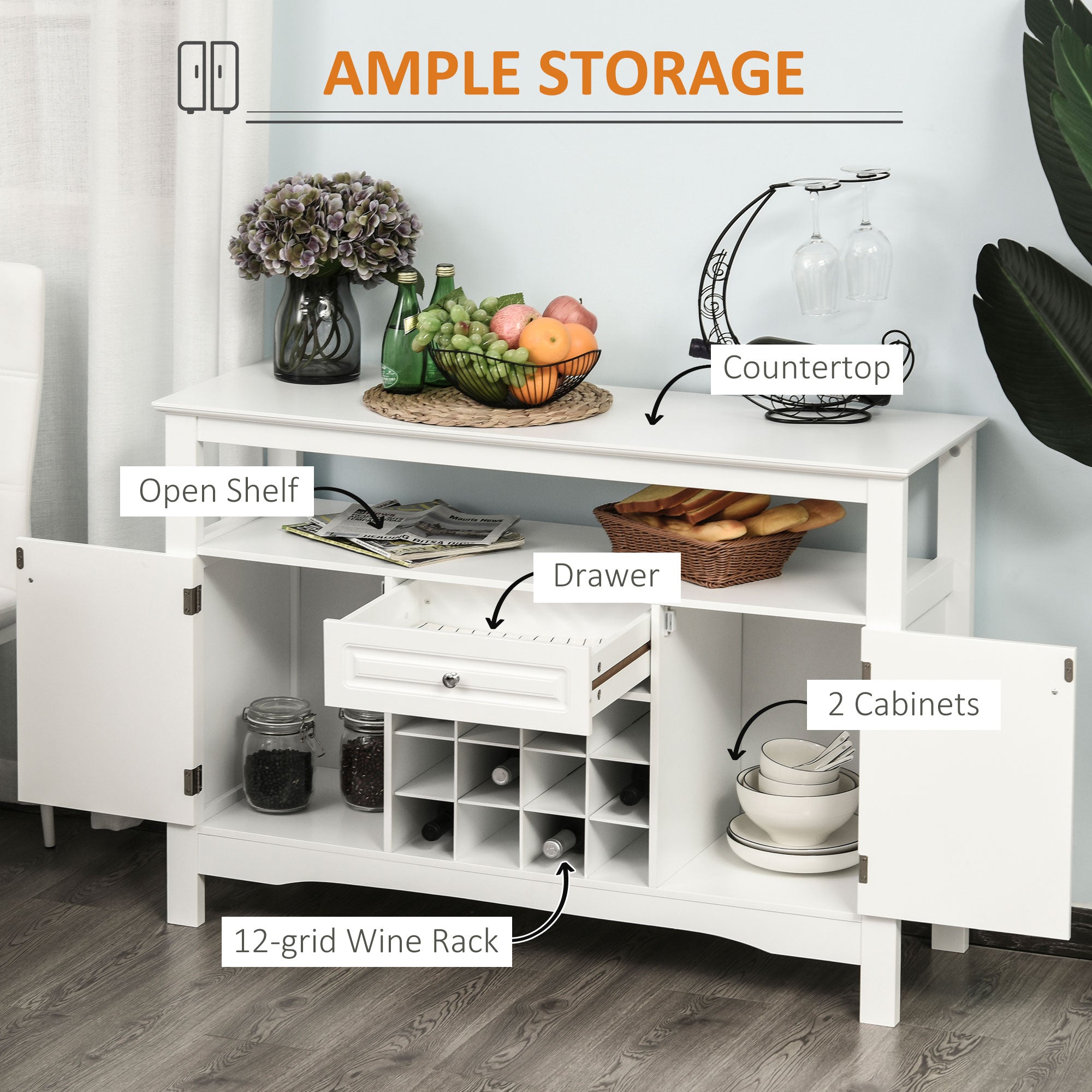 White Kitchen Buffet Cabinet 12-Bottle Wine Rack-DECOROLALA
