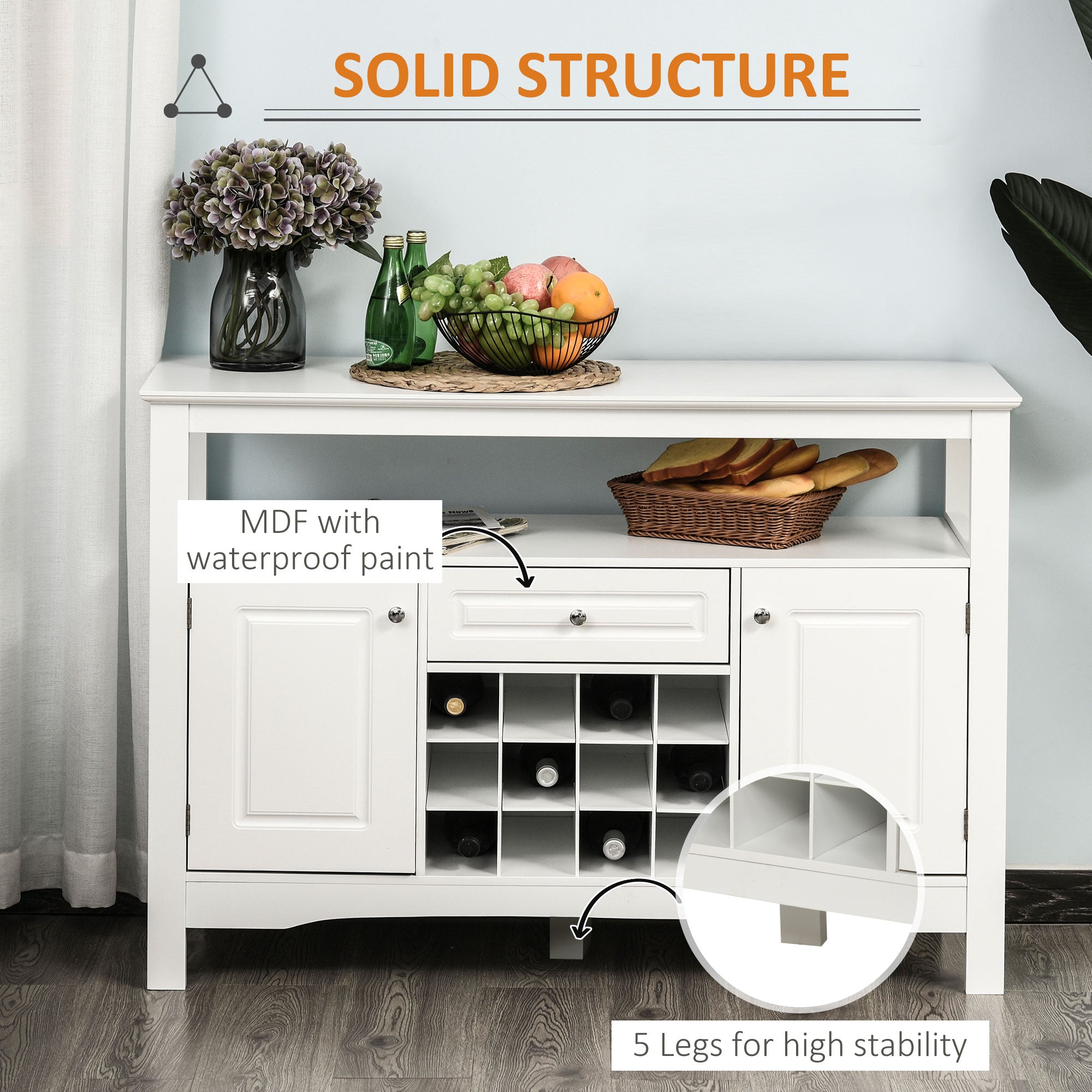 White Kitchen Buffet Cabinet 12-Bottle Wine Rack-DECOROLALA