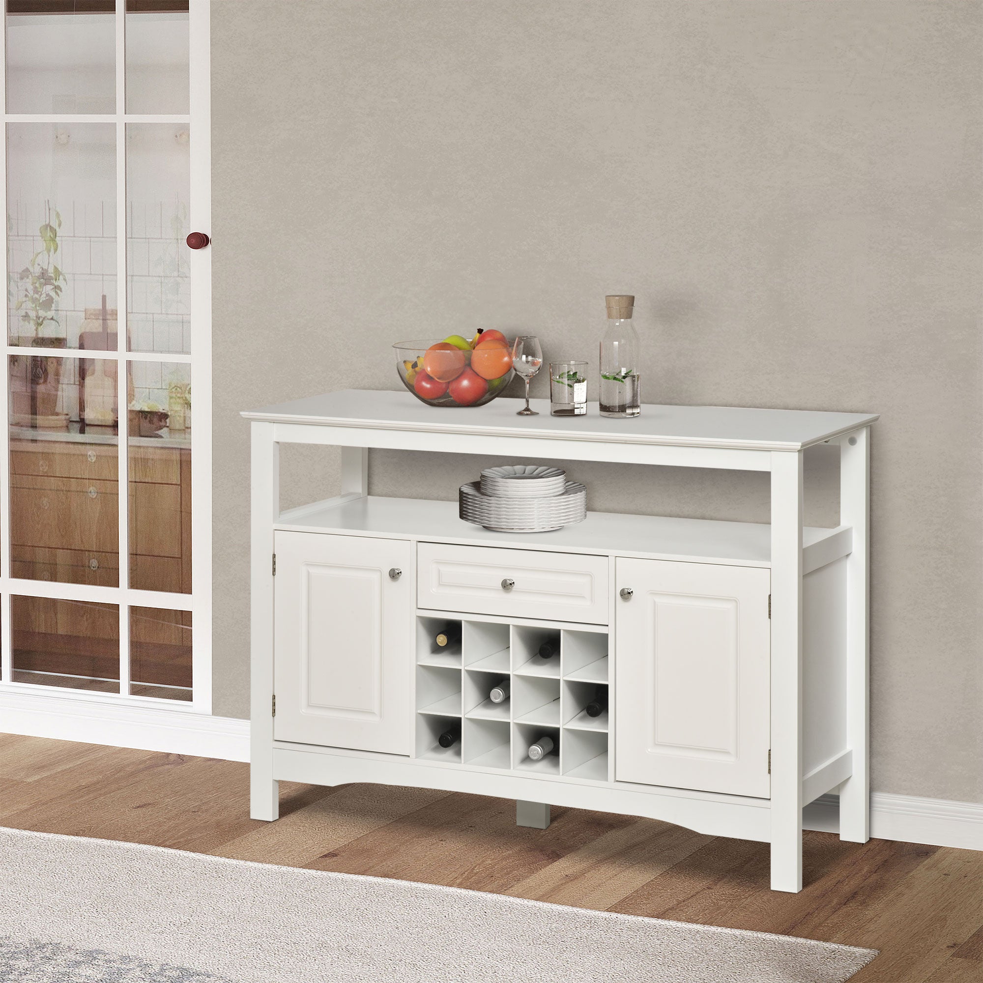 White Kitchen Buffet Cabinet 12-Bottle Wine Rack-DECOROLALA