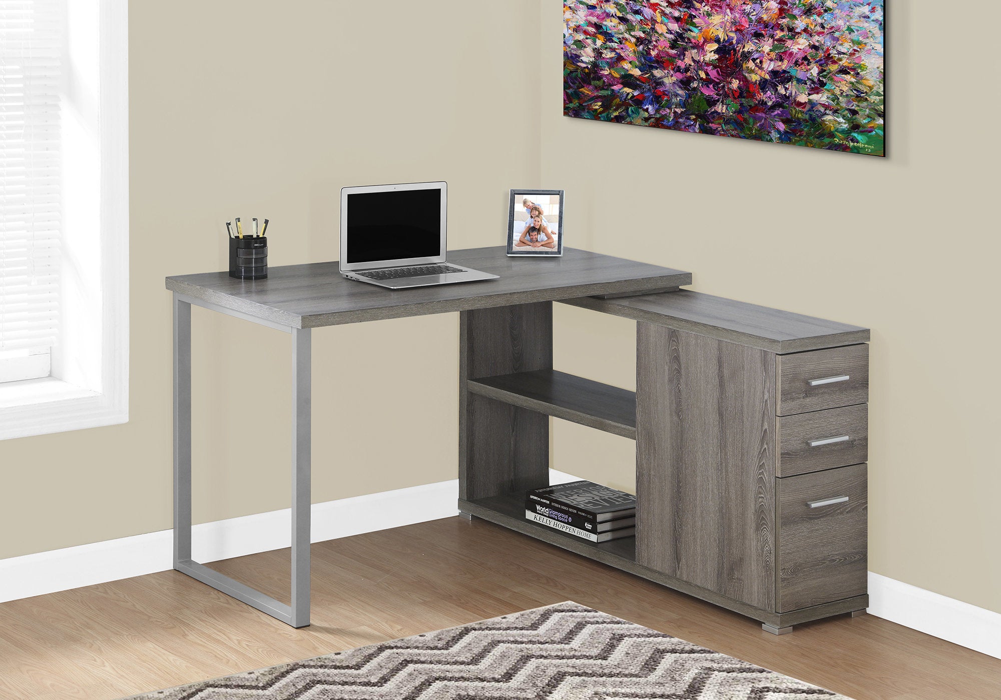 White L-Shape Corner Computer Desk with Storage-Bookshelf-DECOROLALA