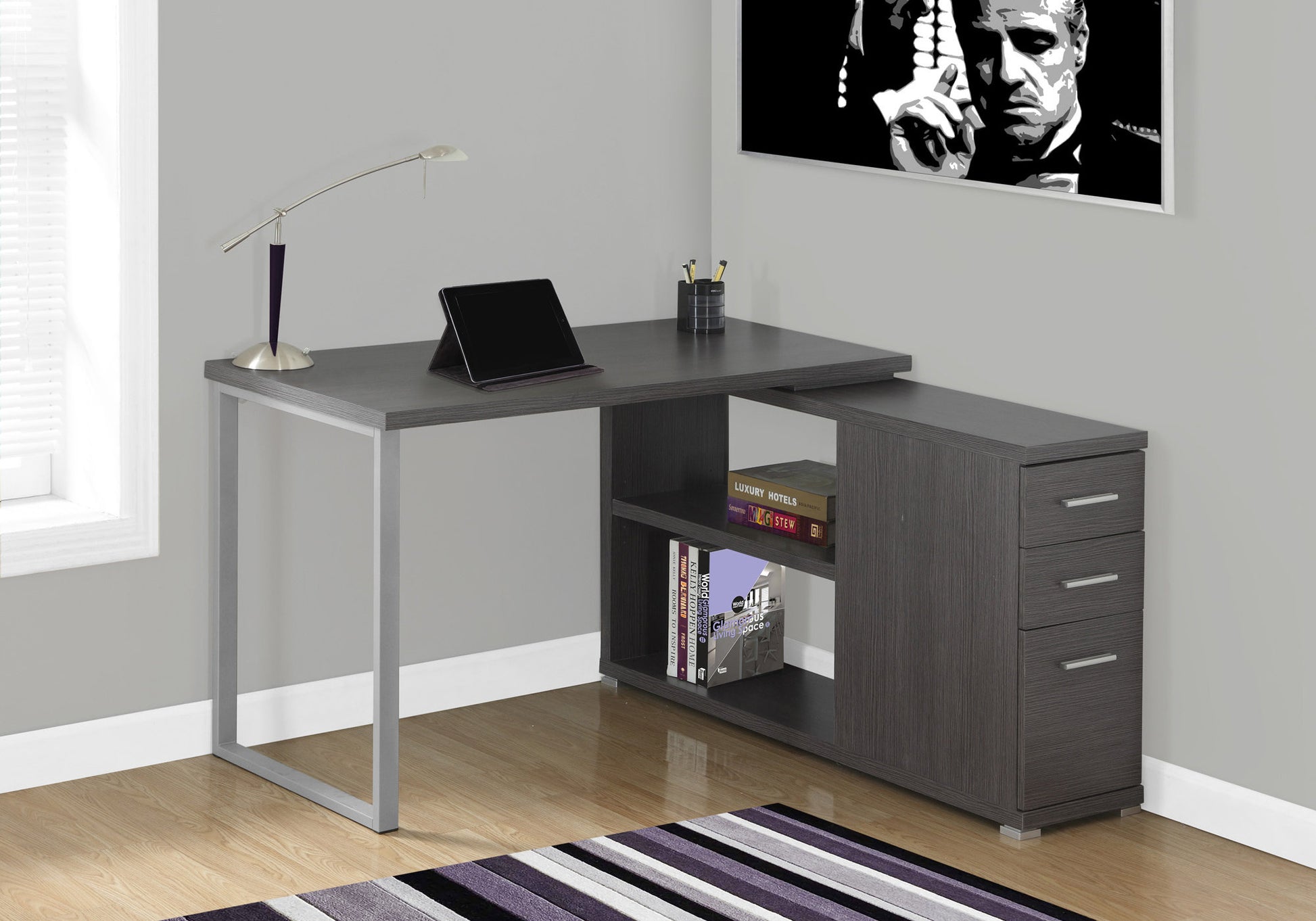 White L-Shape Corner Computer Desk with Storage-Bookshelf-DECOROLALA
