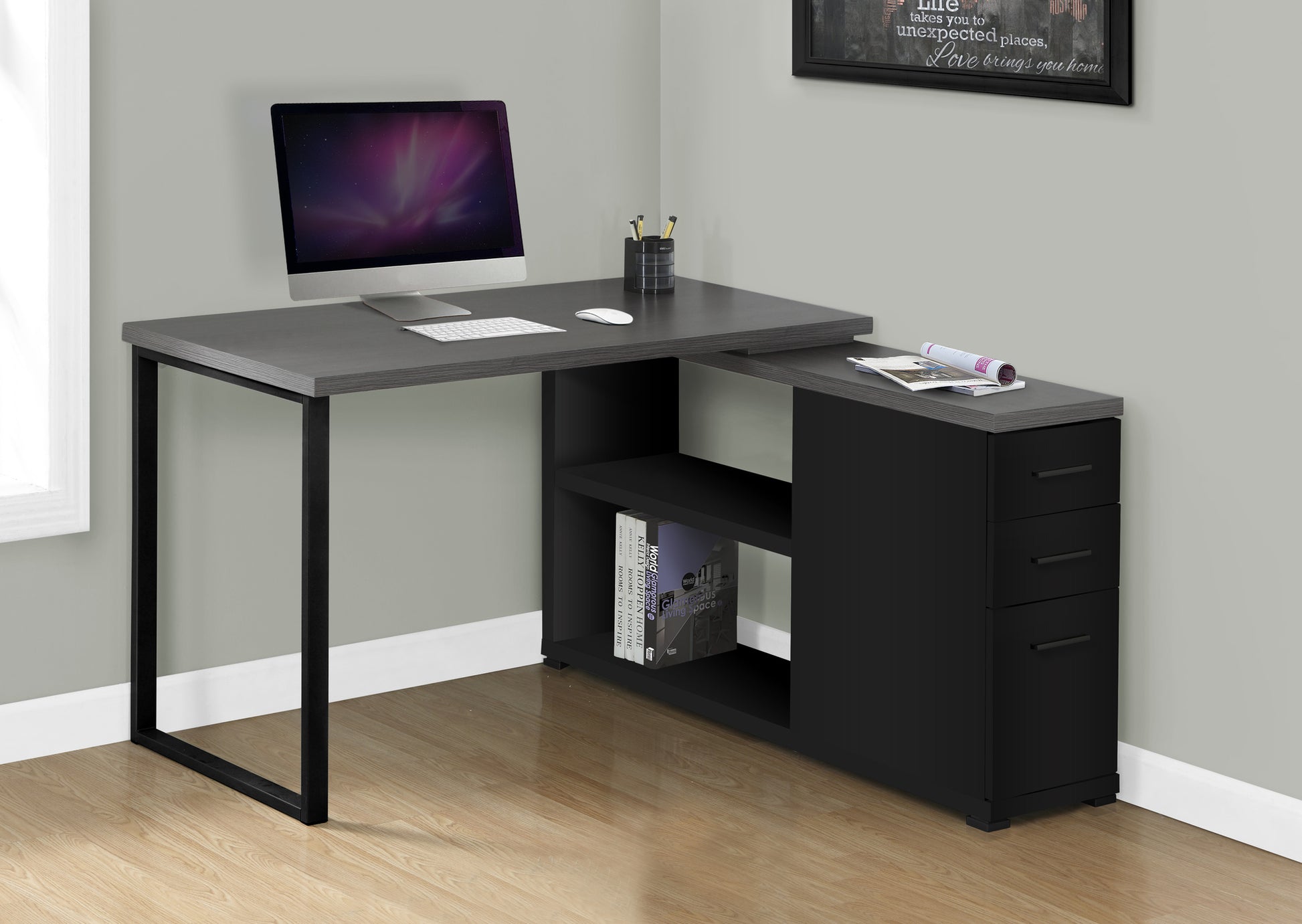 White L-Shape Corner Computer Desk with Storage-Bookshelf-DECOROLALA