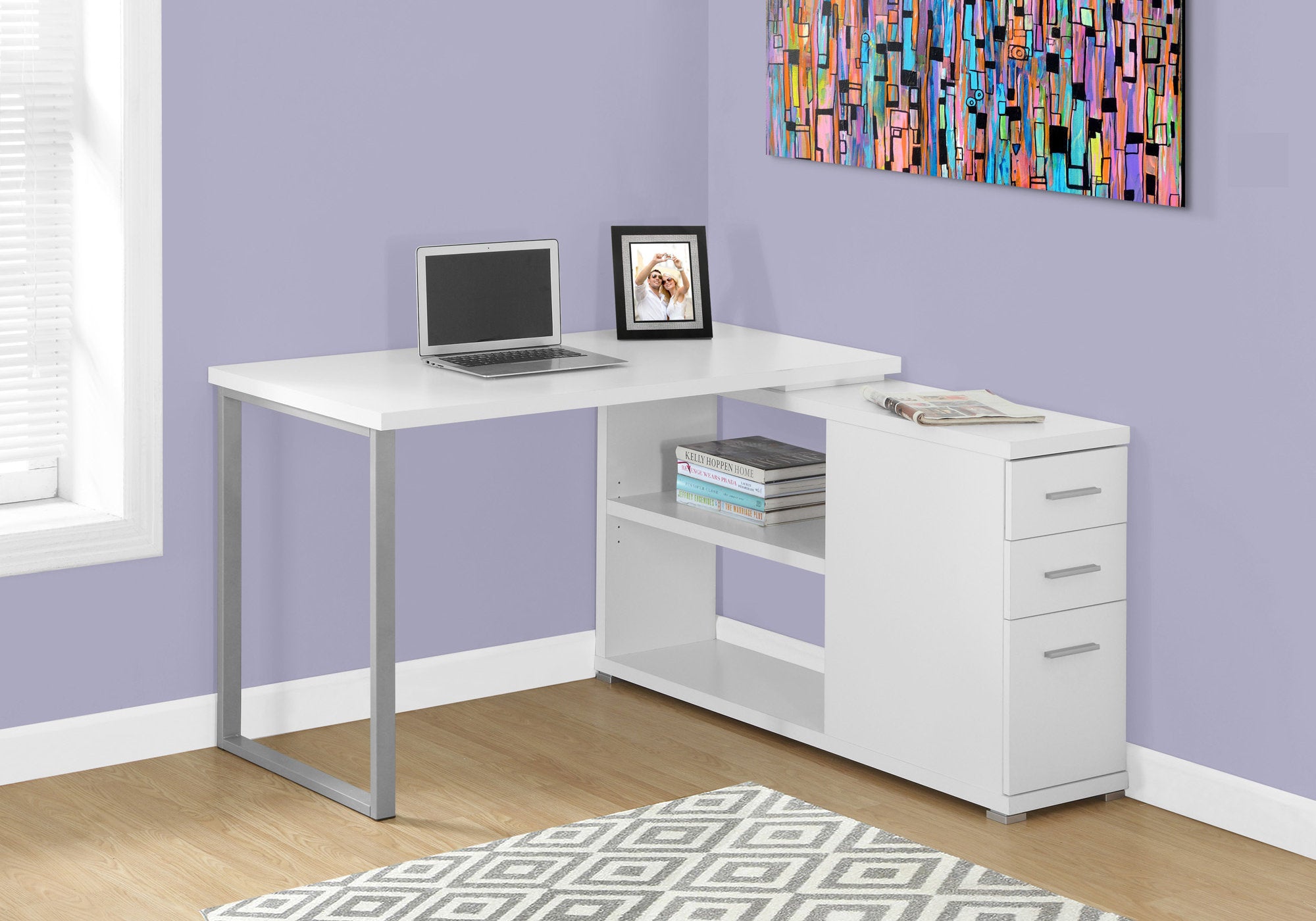 White L-Shape Corner Computer Desk with Storage-Bookshelf-DECOROLALA