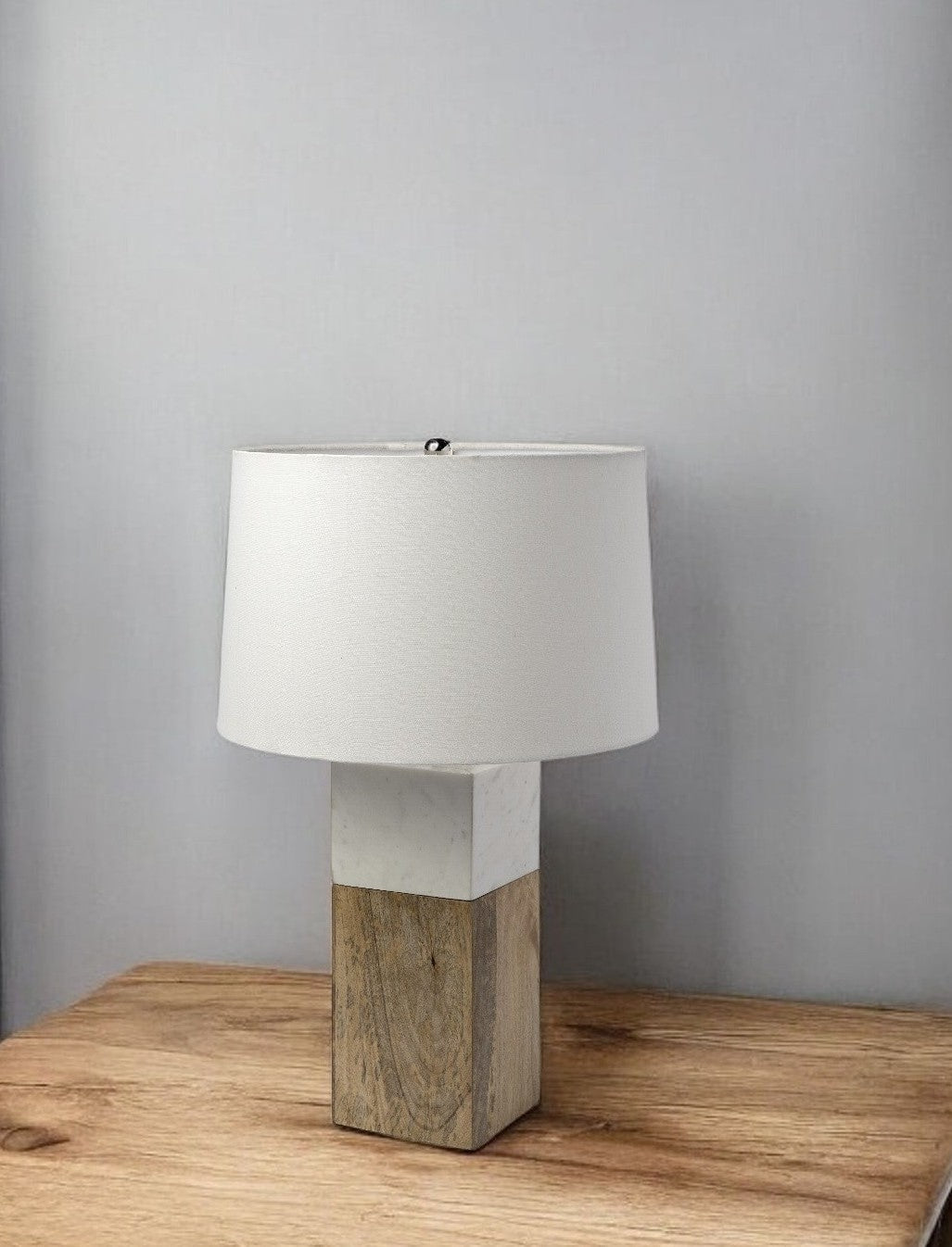 White Marble And Natural Wood Block Table Or Desk Lamp-Table Lamps-DECOROLALA