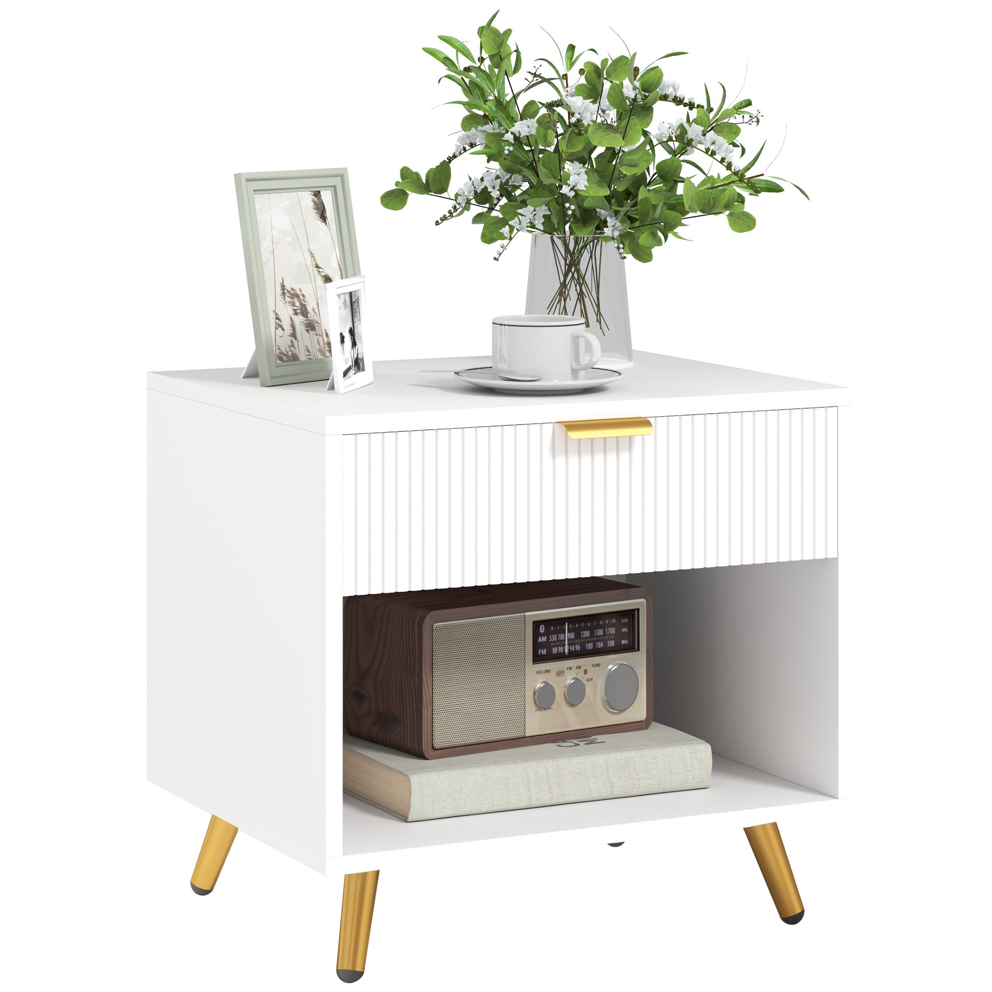 White Nightstand with Fluted Panel and Drawer - 19.7" W-Home Furnishings > Bedroom Furniture > Bedside Tables-DECOROLALA