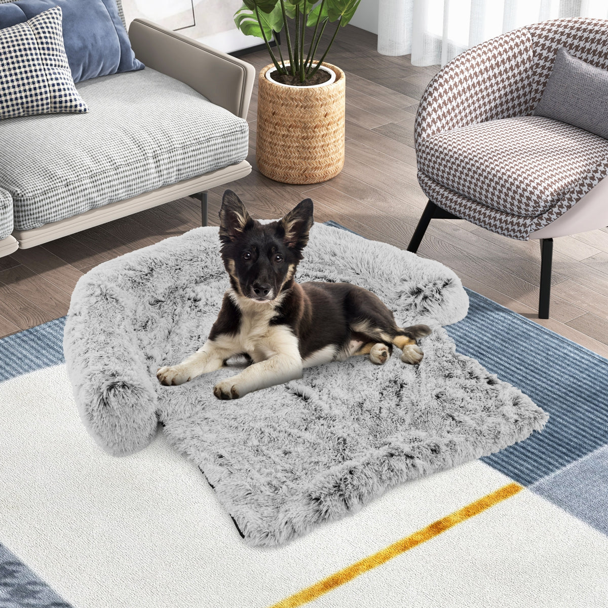 White Plush Calming Dog Couch Bed with Anti-Slip Bottom-M-Dog Supplies-DECOROLALA