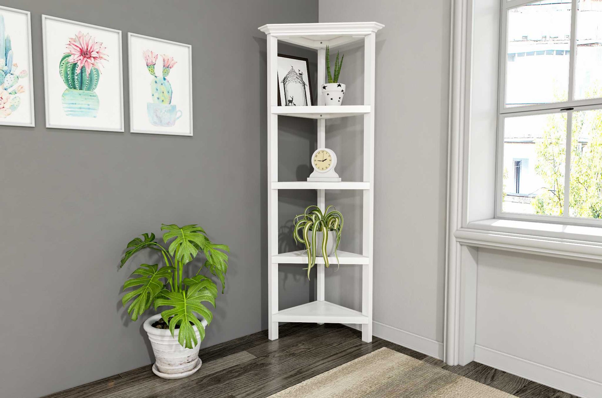 White Solid Wood Corner Bookcase-Bookcases-DECOROLALA