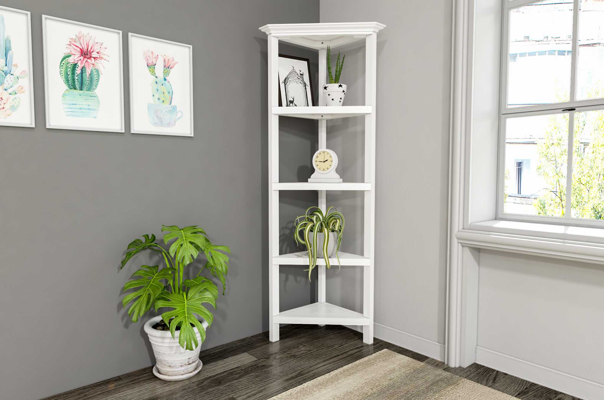 White Solid Wood Corner Bookcase-Bookcases-DECOROLALA