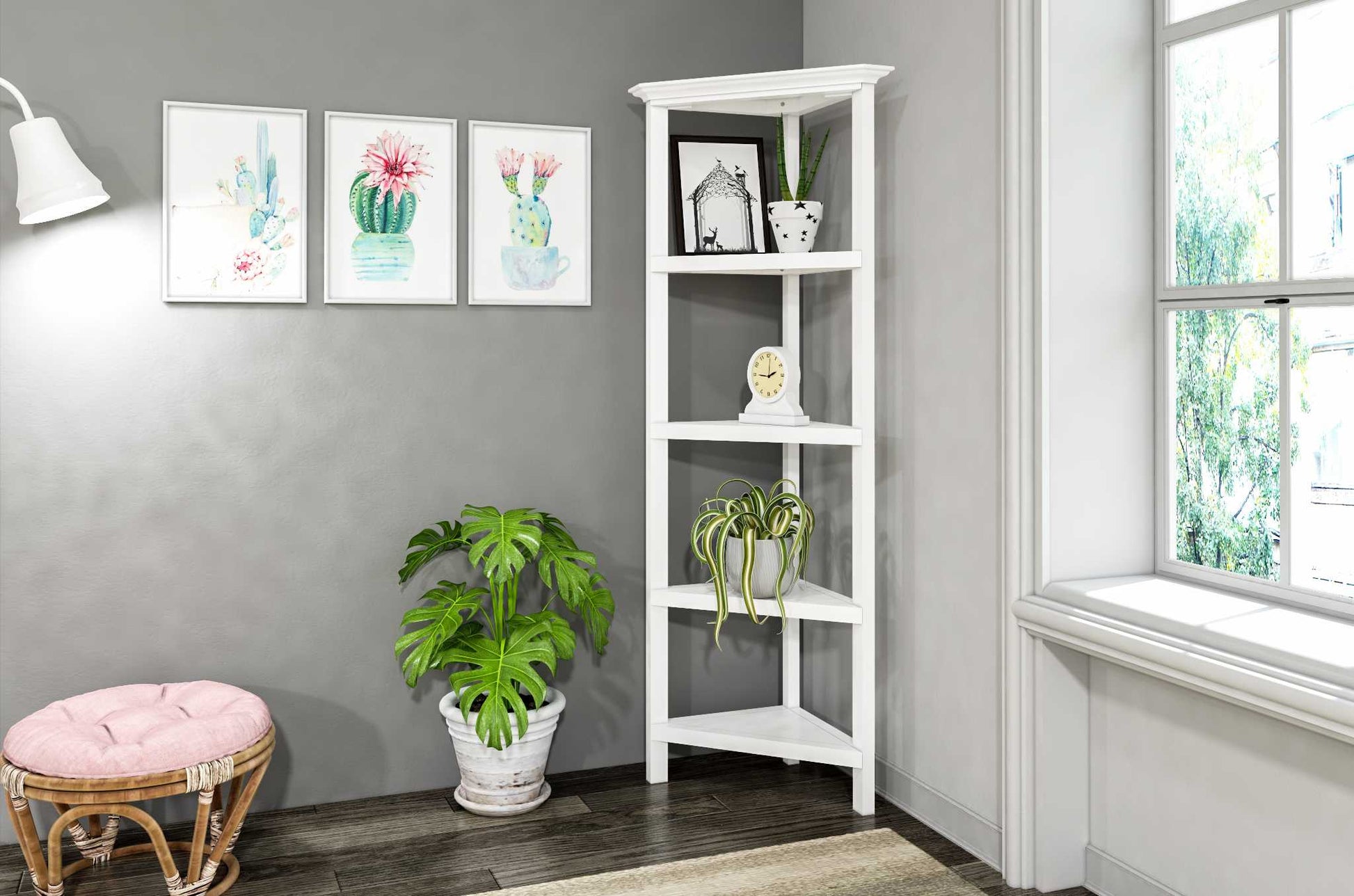 White Solid Wood Corner Bookcase-Bookcases-DECOROLALA