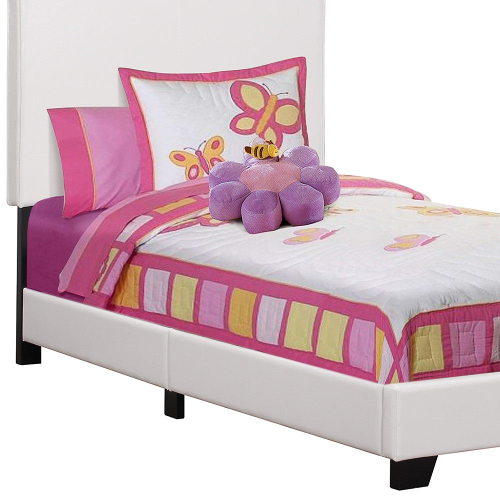 White Solid Wood Twin Upholstered Faux Leather Bed Frame-Standard Beds-DECOROLALA