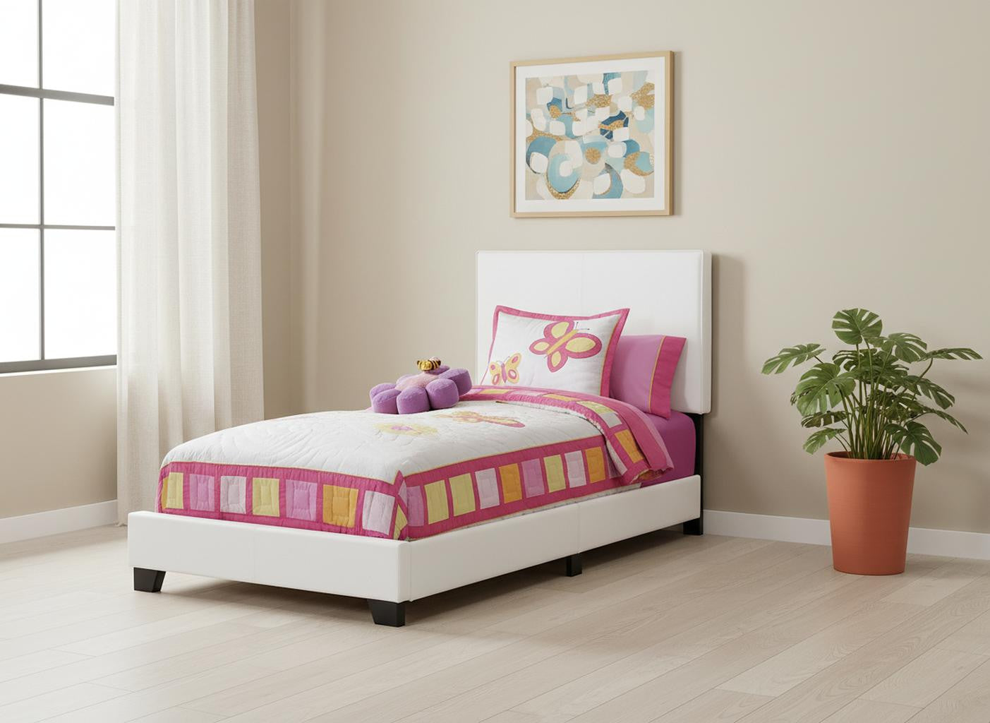 White Solid Wood Twin Upholstered Faux Leather Bed Frame-Standard Beds-DECOROLALA