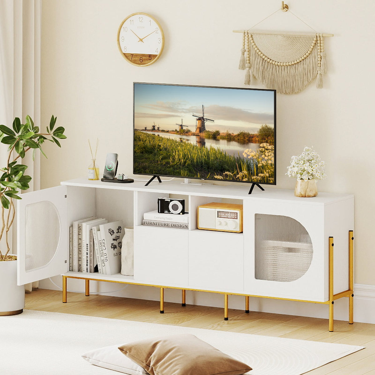White TV Stand for 70 Inch TV with Power Outlets and Drawers-Entertainment Centers & TV Stands-DECOROLALA