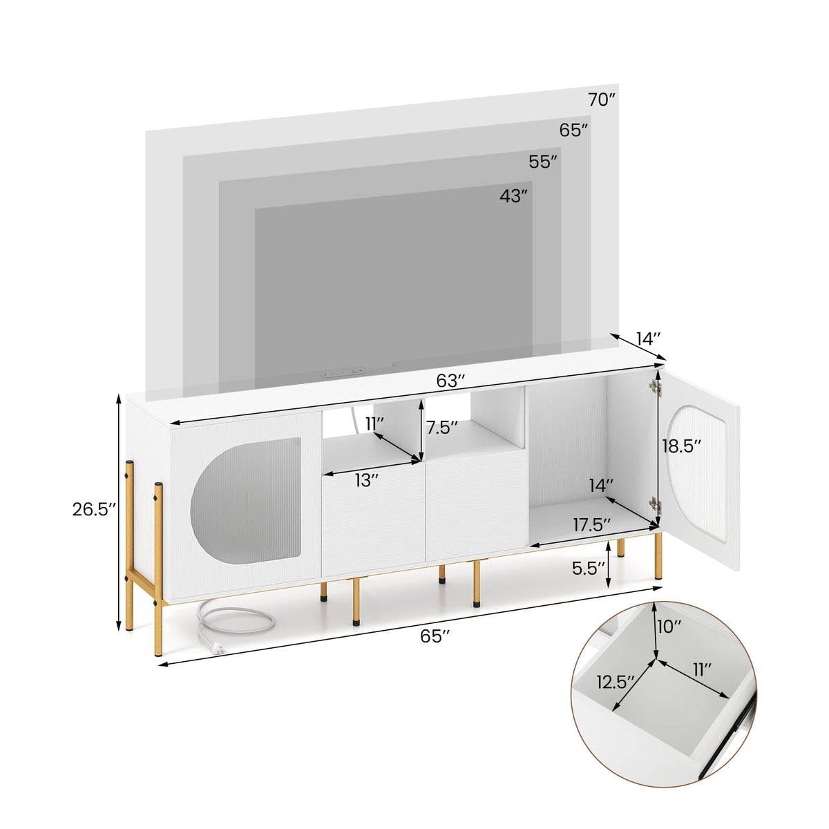 White TV Stand for 70 Inch TV with Power Outlets and Drawers-Entertainment Centers & TV Stands-DECOROLALA