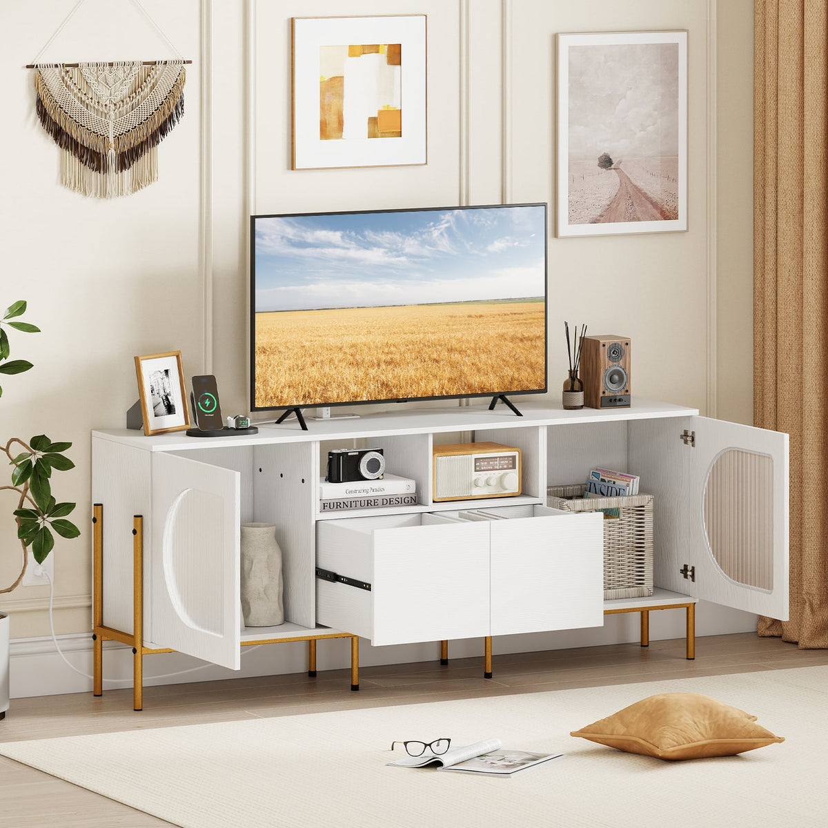 White TV Stand for 70 Inch TV with Power Outlets and Drawers-Entertainment Centers & TV Stands-DECOROLALA