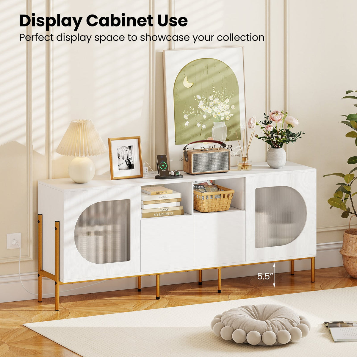 White TV Stand for 70 Inch TV with Power Outlets and Drawers-Entertainment Centers & TV Stands-DECOROLALA
