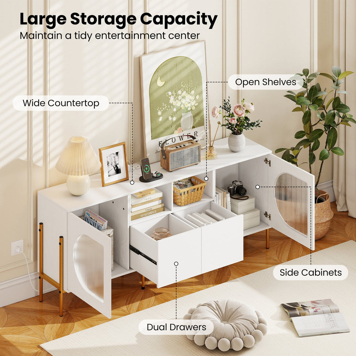 White TV Stand for 70 Inch TV with Power Outlets and Drawers-Entertainment Centers & TV Stands-DECOROLALA