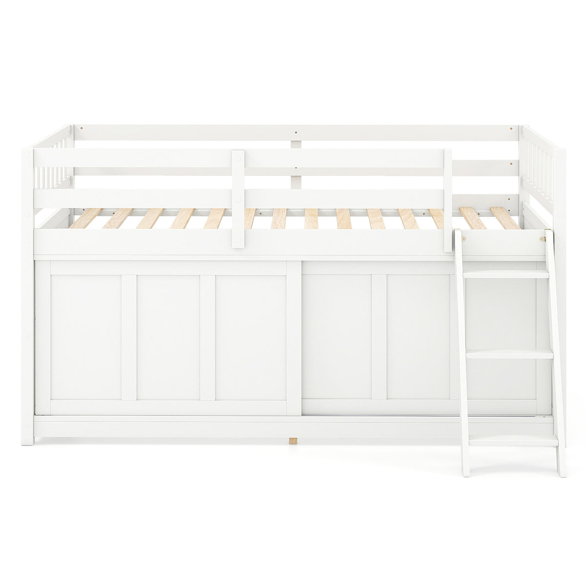 White Twin Loft Bed with Sliding Door and Storage-Bunk Bed Frame-DECOROLALA