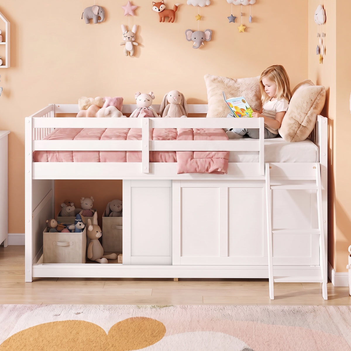 White Twin Loft Bed with Sliding Door and Storage-Bunk Bed Frame-DECOROLALA