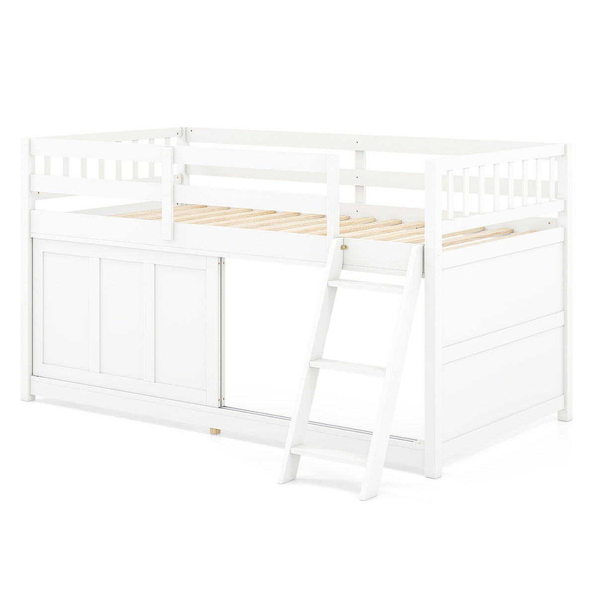 White Twin Loft Bed with Sliding Door and Storage-Bunk Bed Frame-DECOROLALA