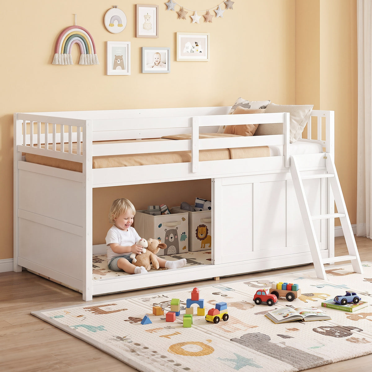 White Twin Loft Bed with Sliding Door and Storage-Bunk Bed Frame-DECOROLALA