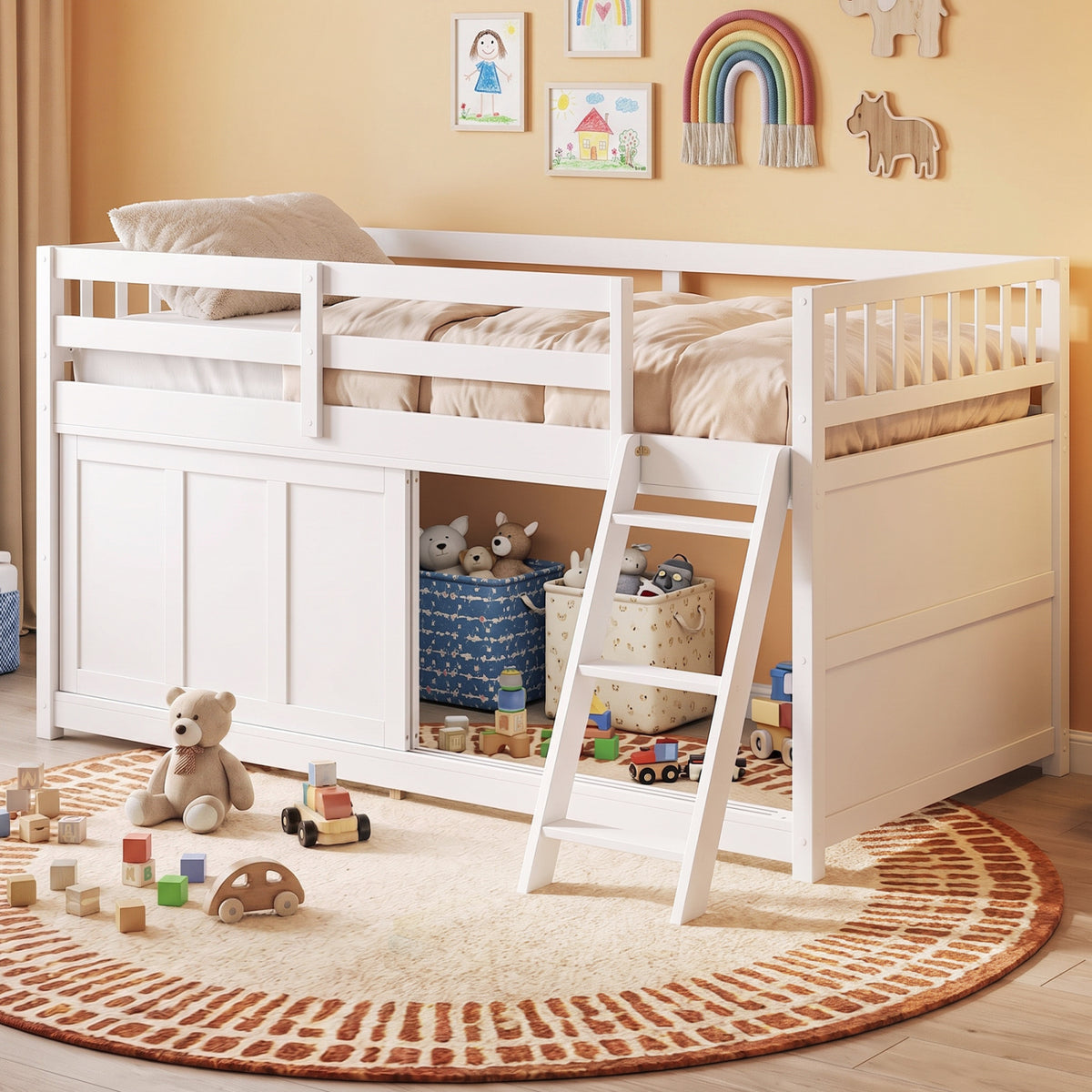 White Twin Loft Bed with Sliding Door and Storage-Bunk Bed Frame-DECOROLALA