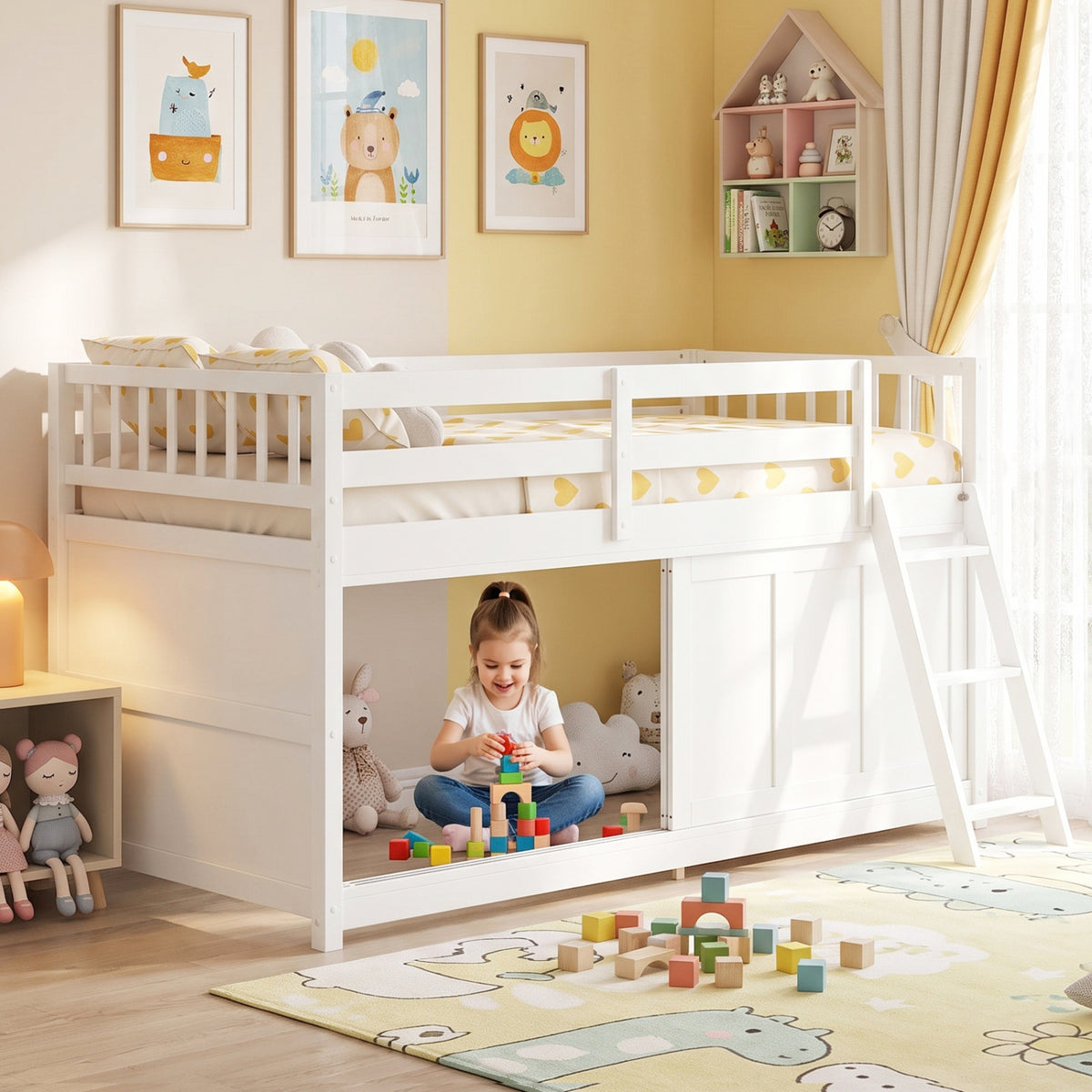 White Twin Loft Bed with Sliding Door and Storage-Bunk Bed Frame-DECOROLALA