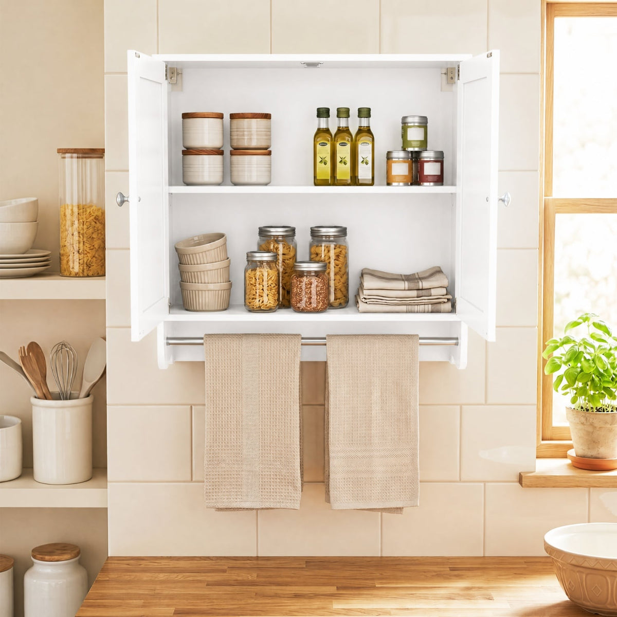 White Wall Mounted Bathroom Medicine Cabinet with Towel Bar-Bathroom Wall Cabinets-DECOROLALA