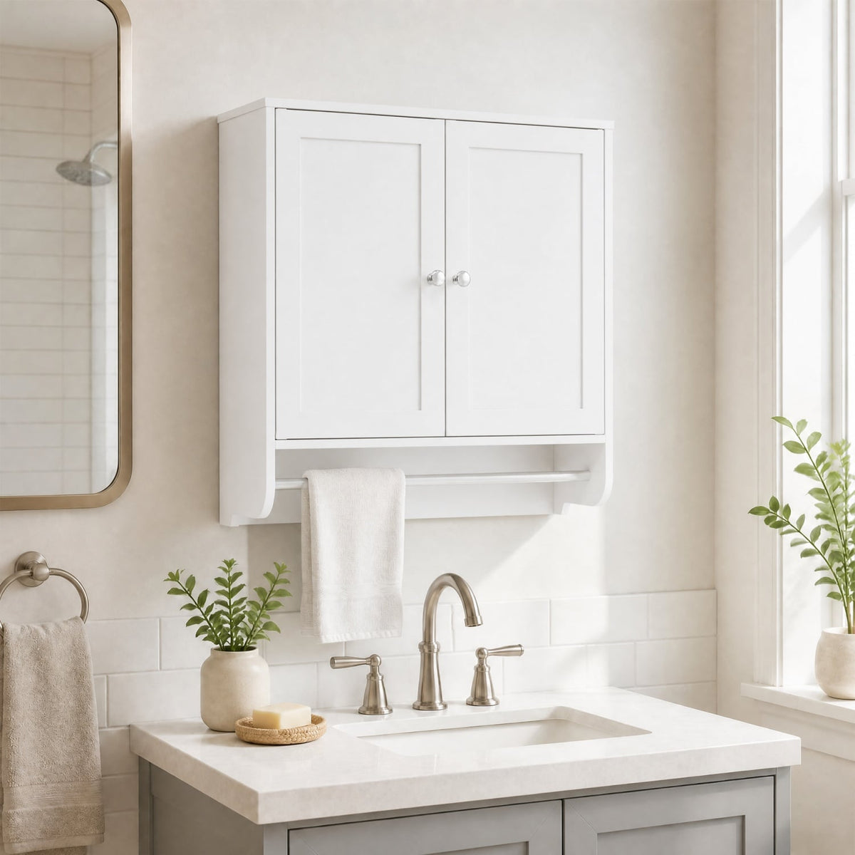 White Wall Mounted Bathroom Medicine Cabinet with Towel Bar-Wall Cabinets-DECOROLALA