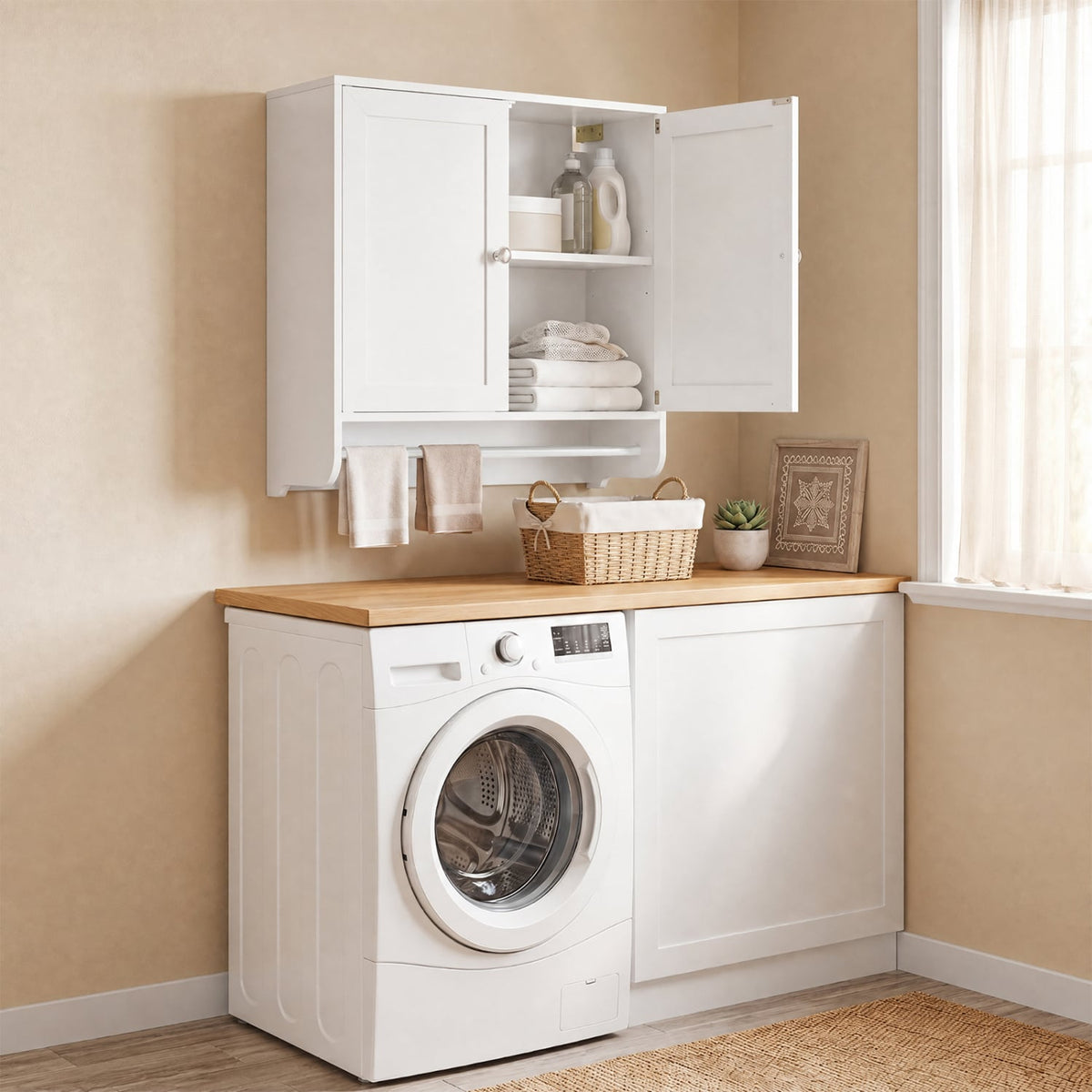 White Wall Mounted Bathroom Medicine Cabinet with Towel Bar-Wall Cabinets-DECOROLALA