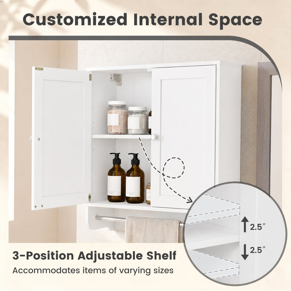 White Wall Mounted Bathroom Medicine Cabinet with Towel Bar-Wall Cabinets-DECOROLALA